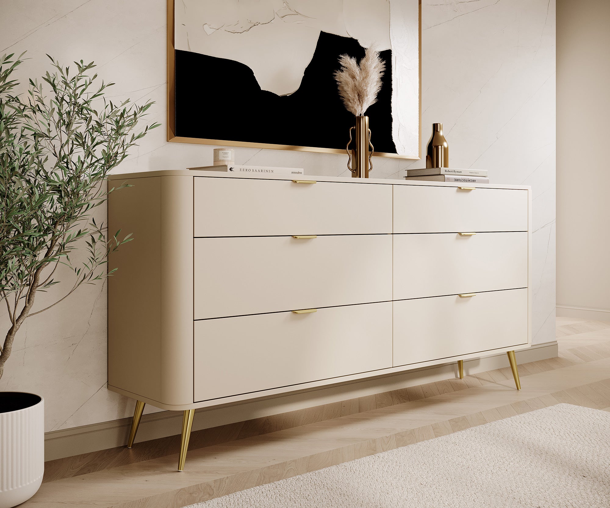 Oval-Kommode mit sechs Schubladen 173 cm beige sandfarben