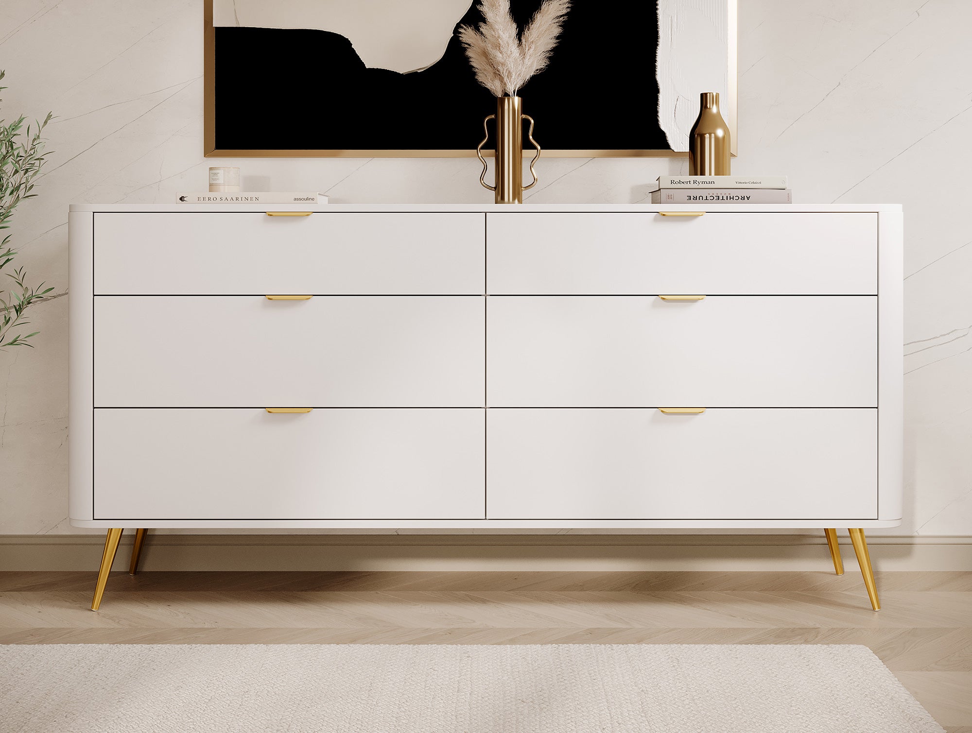 Oval-Kommode mit sechs Schubladen, 173 cm, Weiß