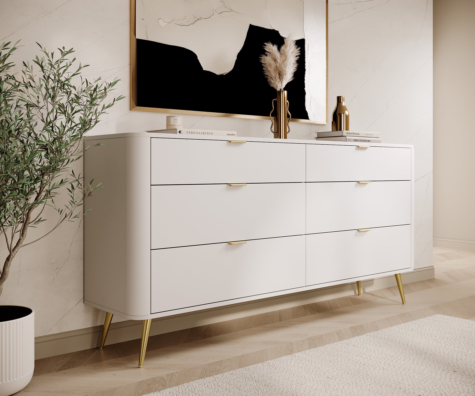 Oval-Kommode mit sechs Schubladen, 173 cm, Weiß