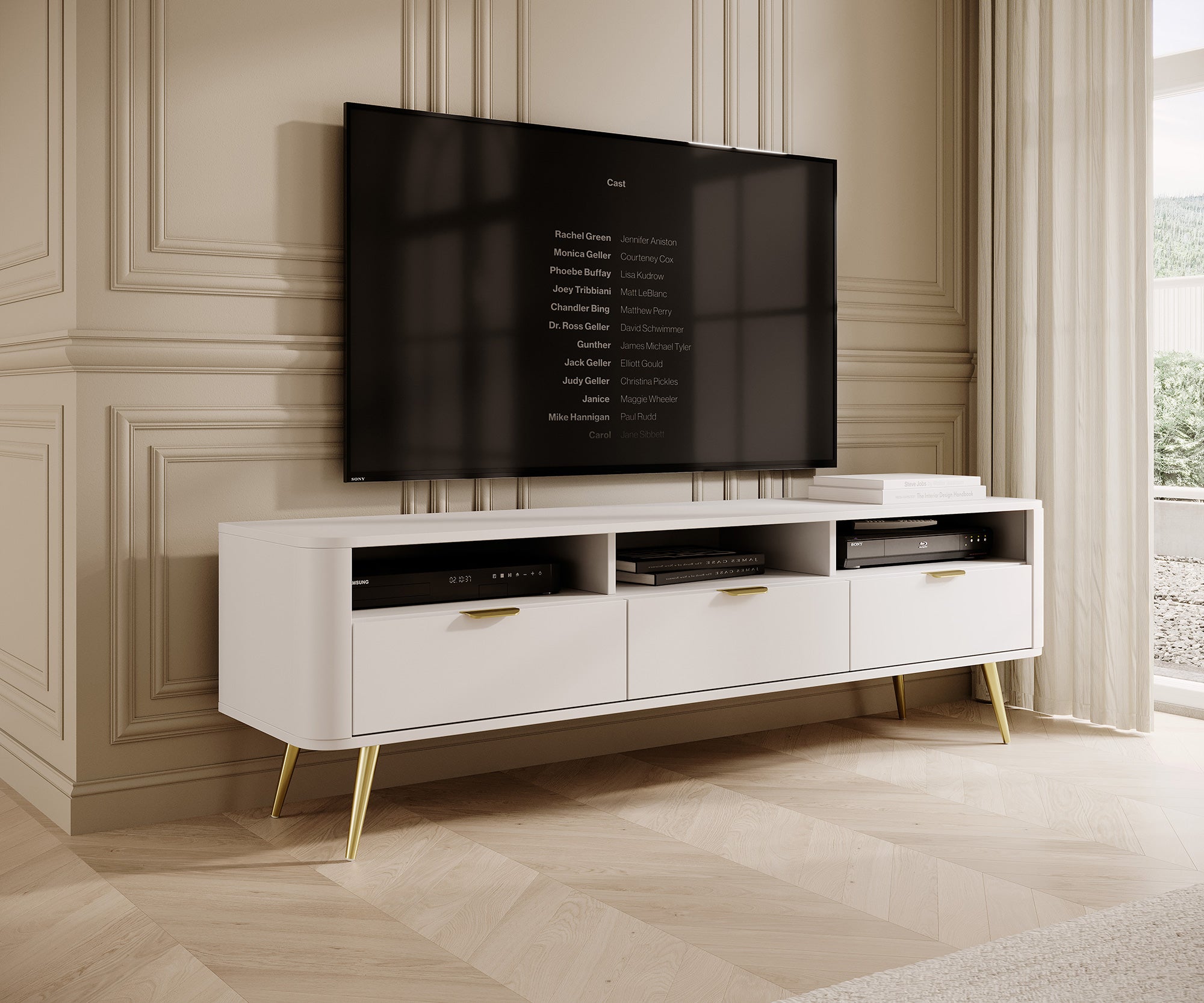 Ovaler TV-Schrank 160 cm mit Nischen Weiß