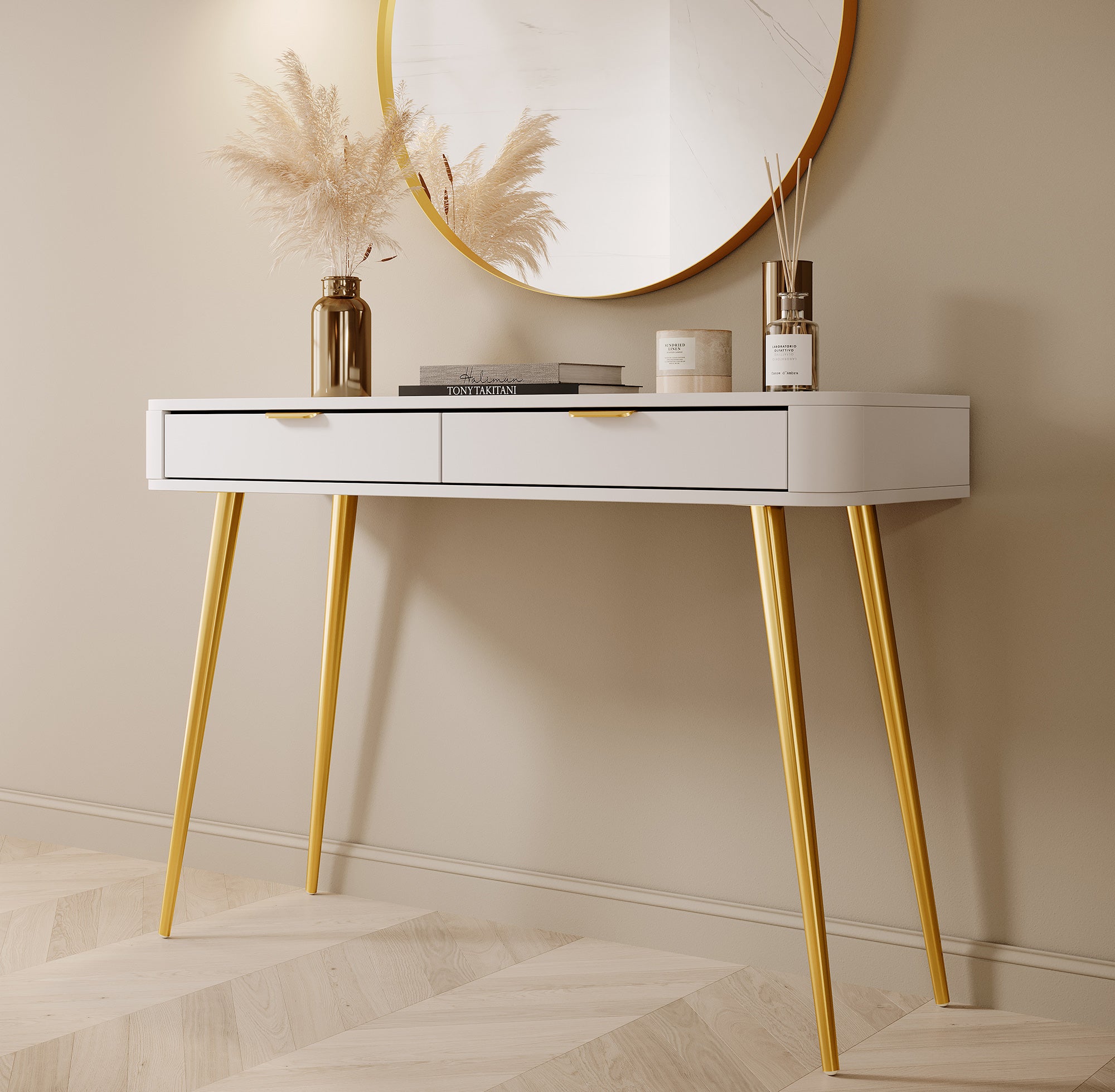 Schminktisch mit Schubladen Oval 112 cm Weiß