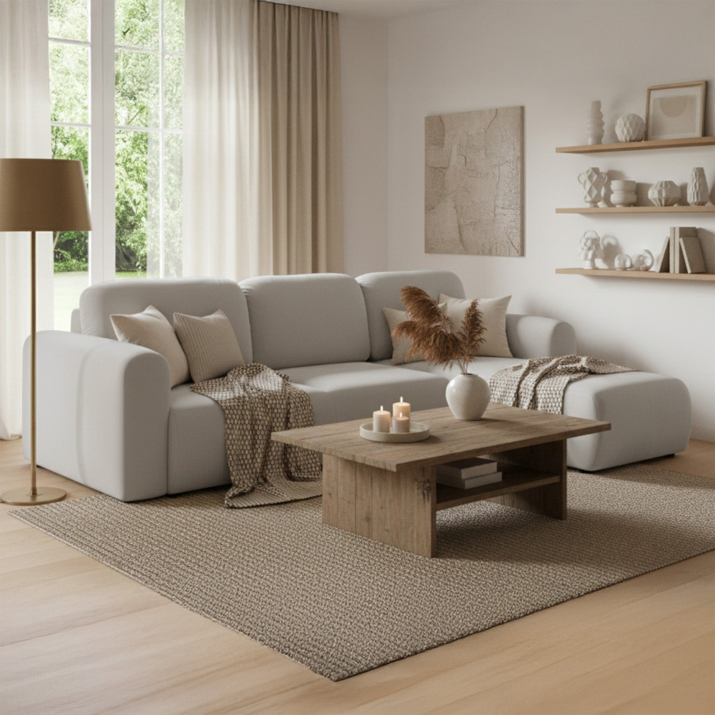 Ecksofa mit Schlaffunktion Olido, universell L-förmig, mit Stauraum, grau-beiges hydrophobes Samtgewebe