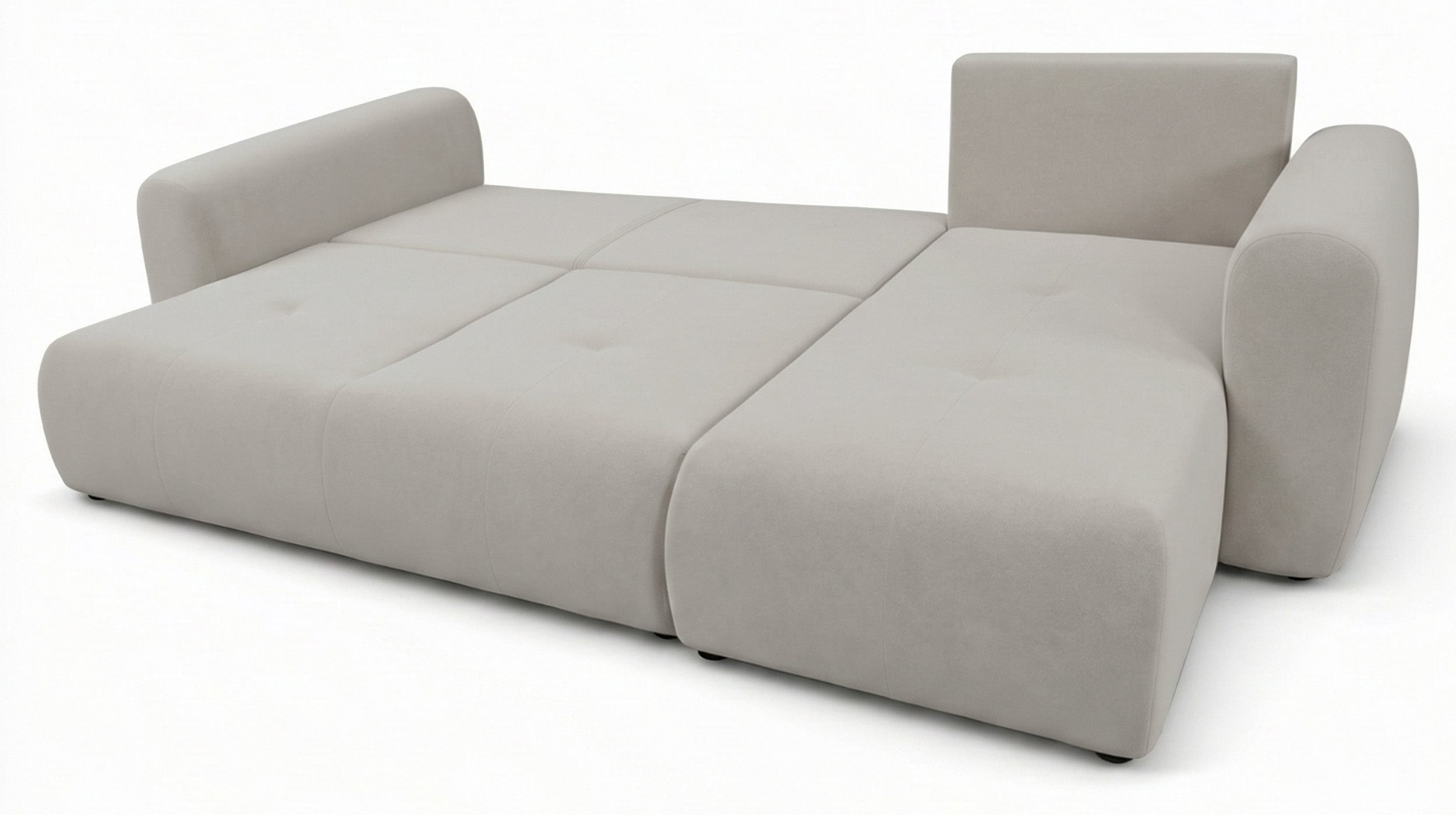 Ecksofa mit Schlaffunktion Olido, universell L-förmig, mit Stauraum, grau-beiges hydrophobes Samtgewebe