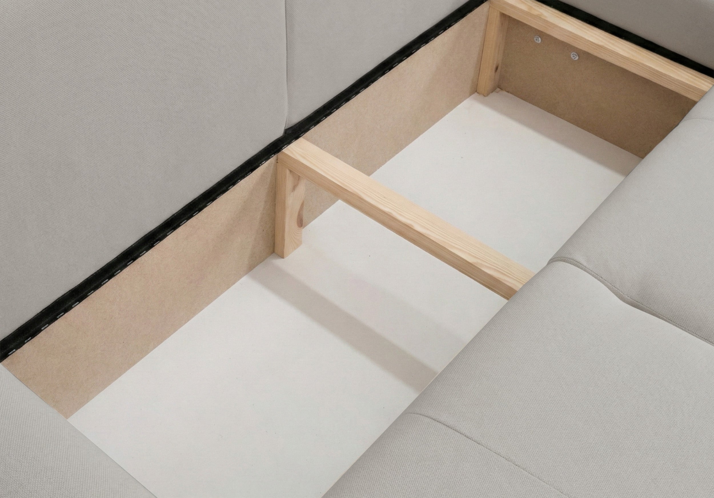 Ecksofa mit Schlaffunktion Olido, universell L-förmig, mit Stauraum, grau-beiges hydrophobes Samtgewebe
