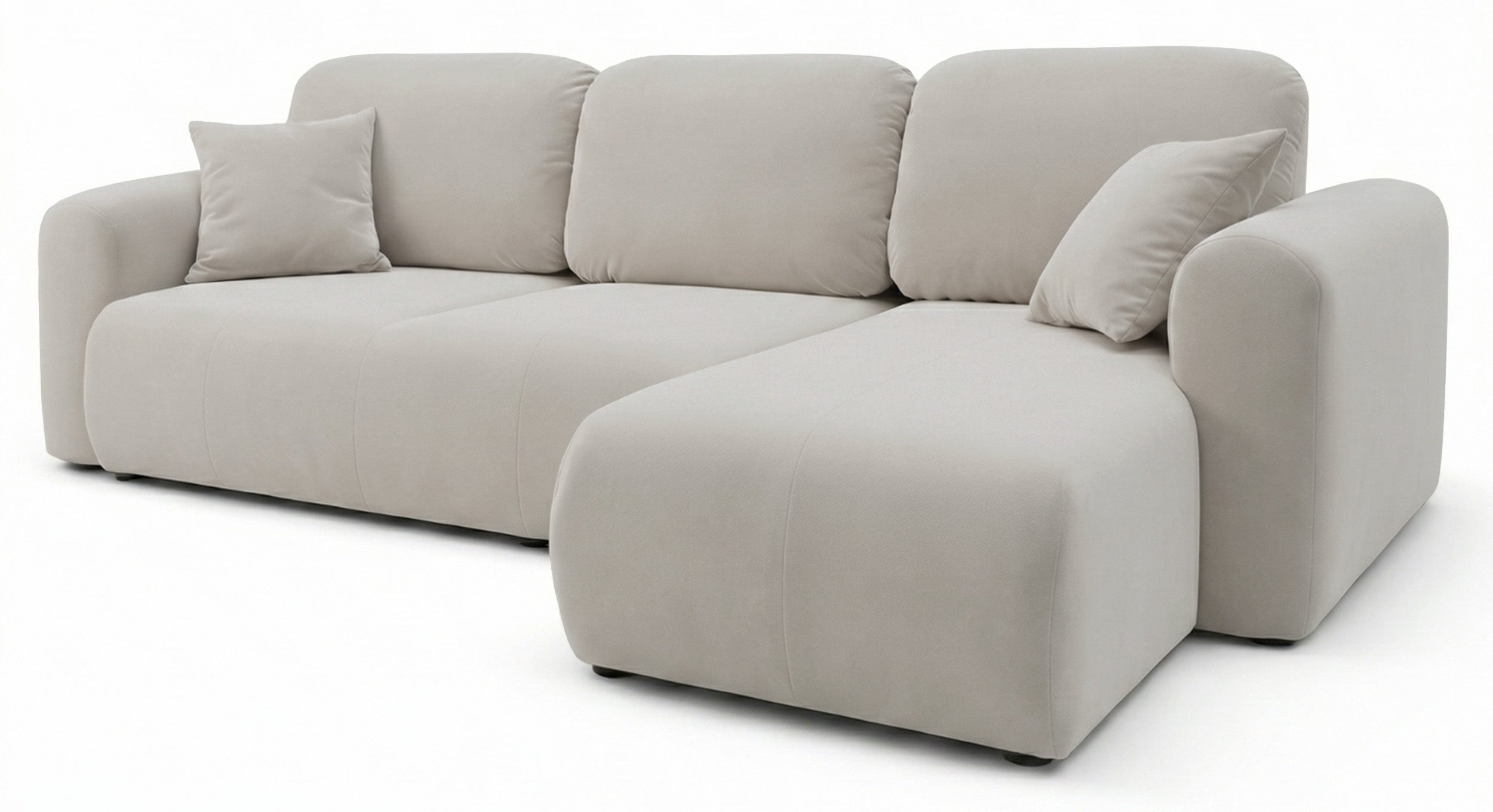 Ecksofa mit Schlaffunktion Olido, universell L-förmig, mit Stauraum, grau-beiges hydrophobes Samtgewebe