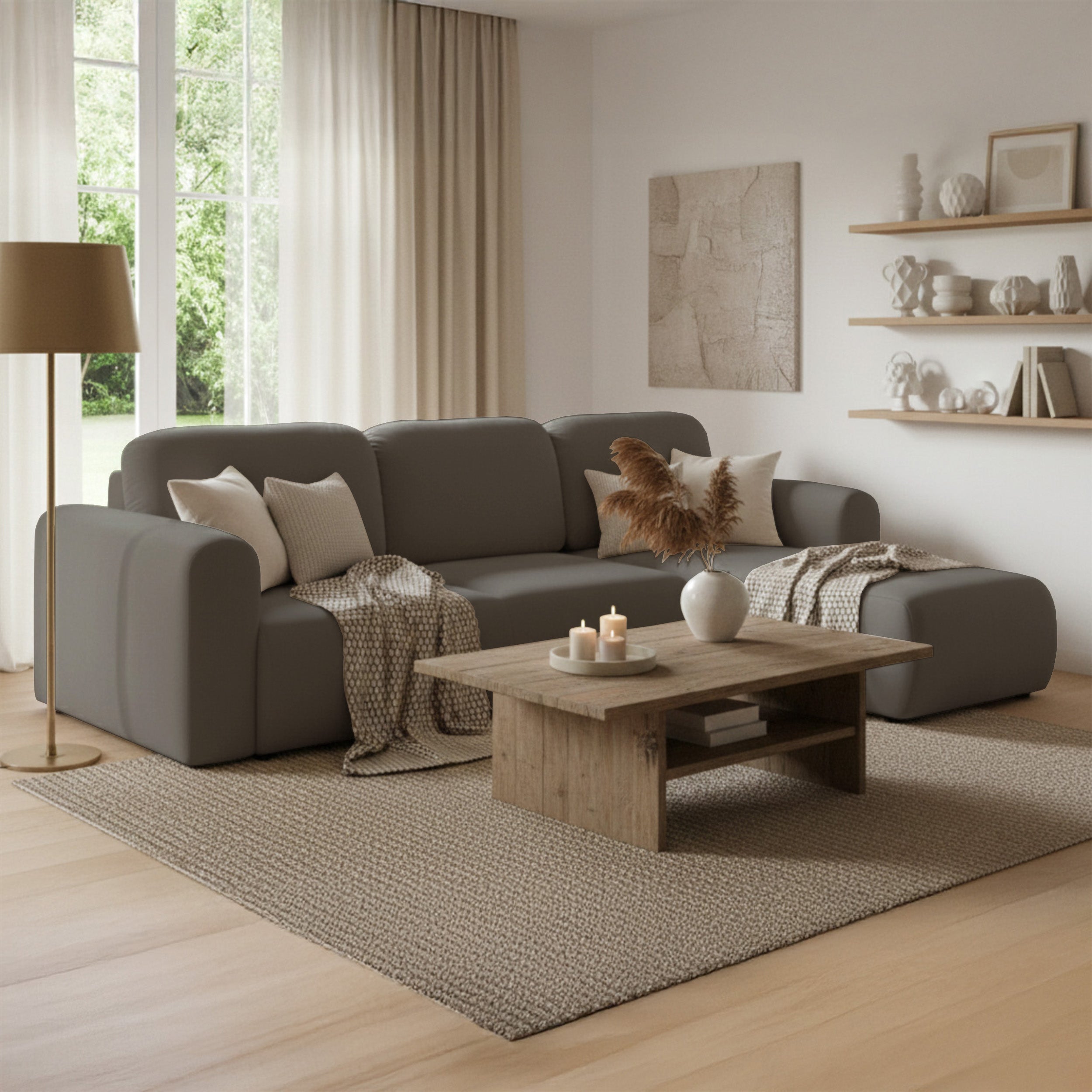 Ecksofa mit Schlaffunktion Olido, L-förmig, universell, mit Stauraum, dunkelbeige, hydrophobes Samtgewebe