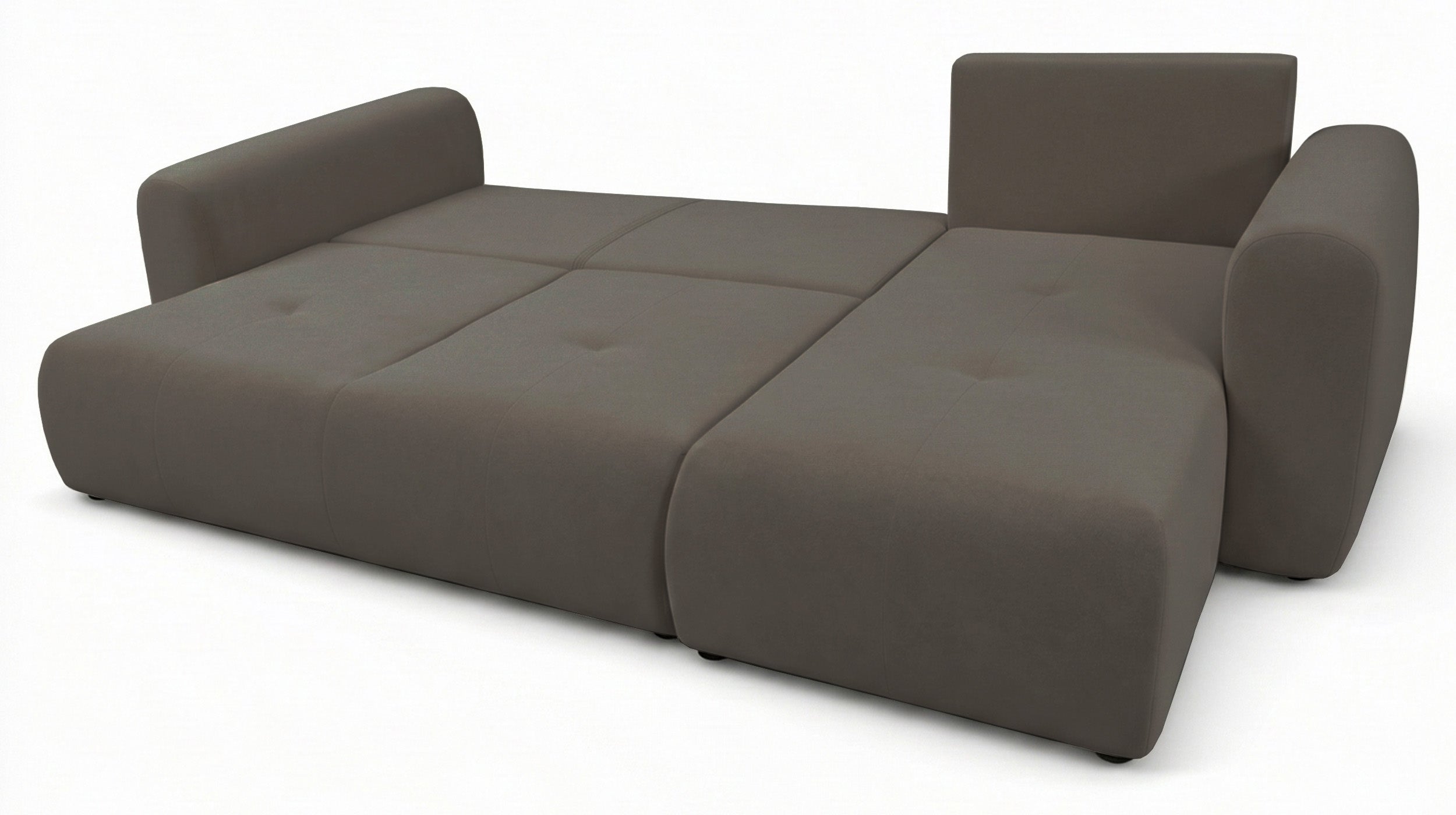 Ecksofa mit Schlaffunktion Olido, L-förmig, universell, mit Stauraum, dunkelbeige, hydrophobes Samtgewebe