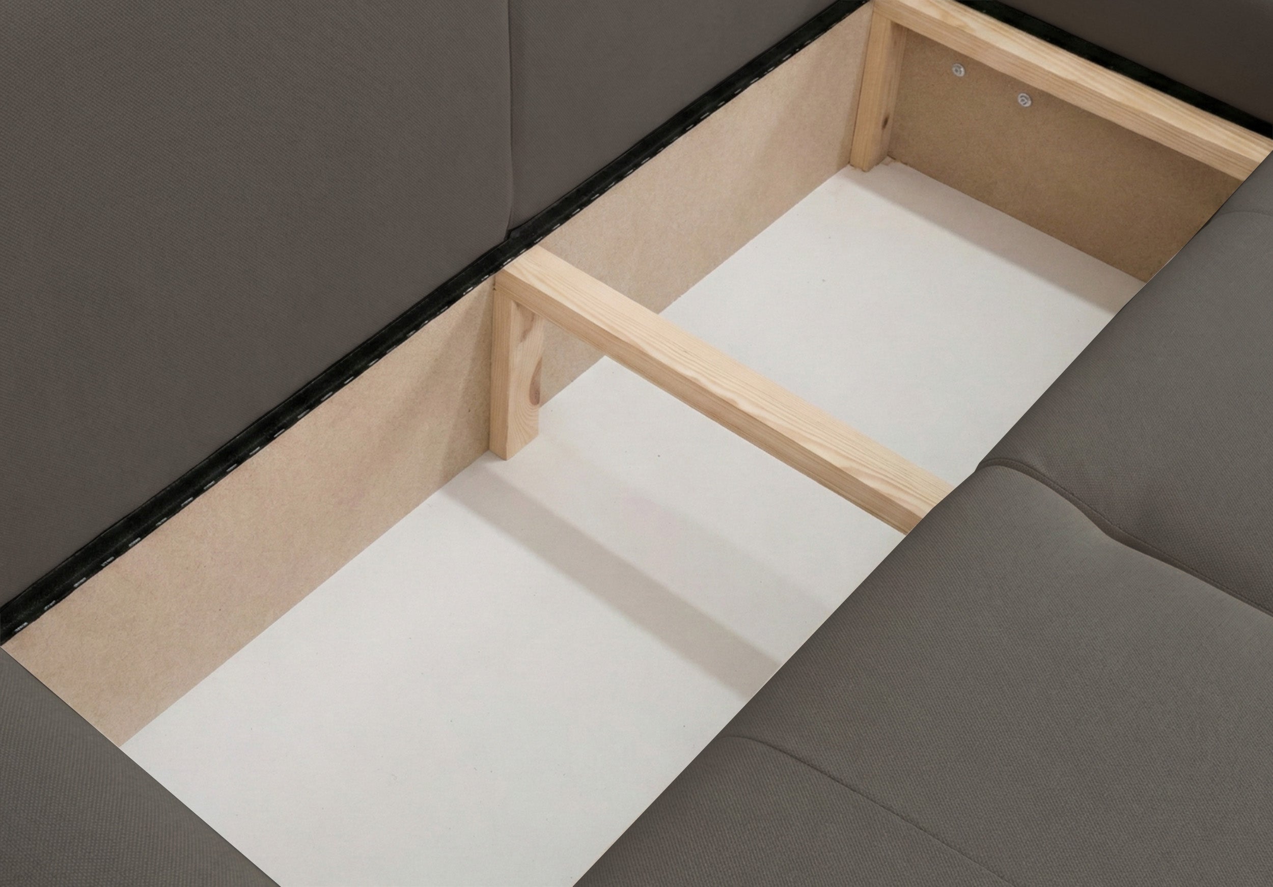 Ecksofa mit Schlaffunktion Olido, L-förmig, universell, mit Stauraum, dunkelbeige, hydrophobes Samtgewebe