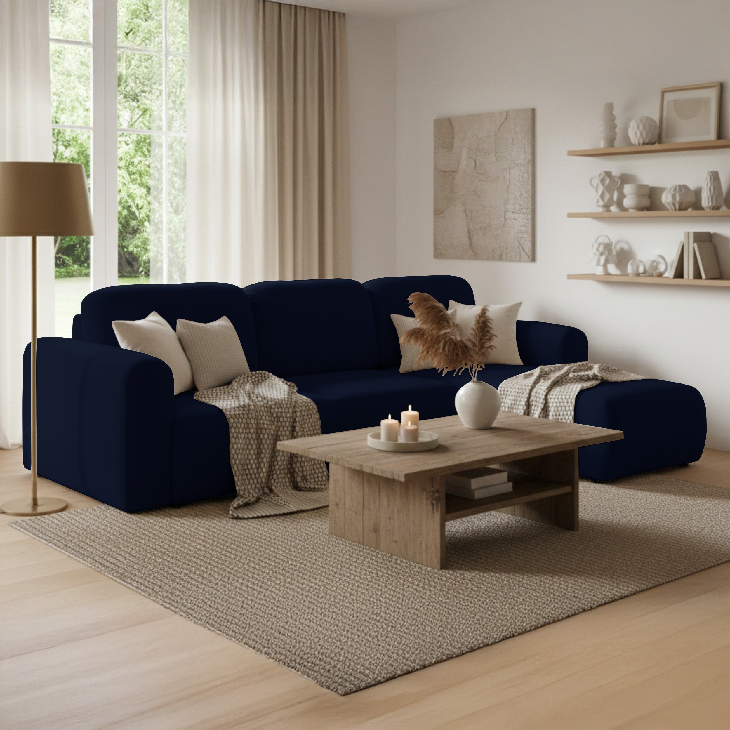 Ecksofa mit Schlaffunktion Olido, L-förmig, universell, mit Stauraum, marineblauer hydrophober Samt