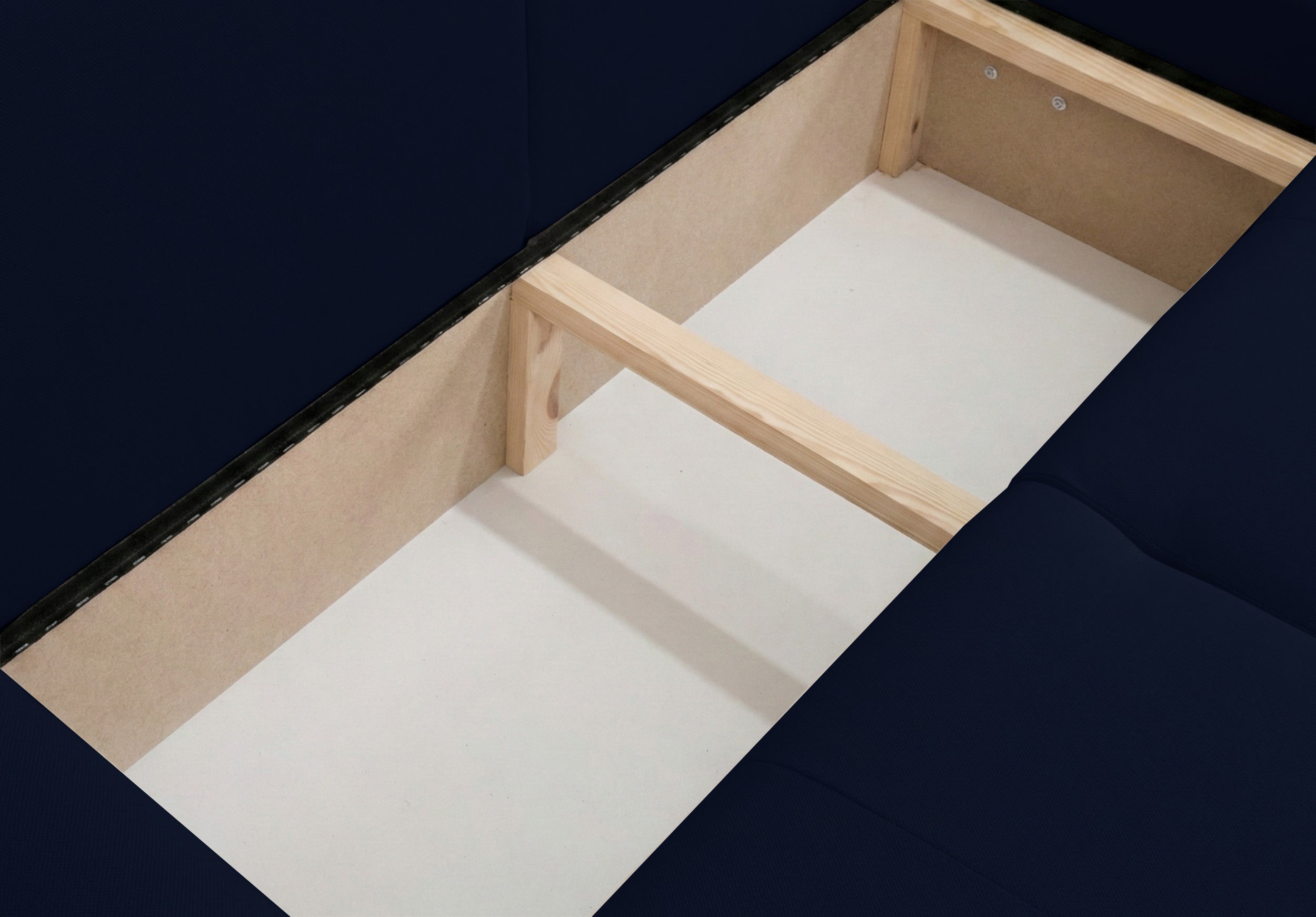 Ecksofa mit Schlaffunktion Olido, L-förmig, universell, mit Stauraum, marineblauer hydrophober Samt