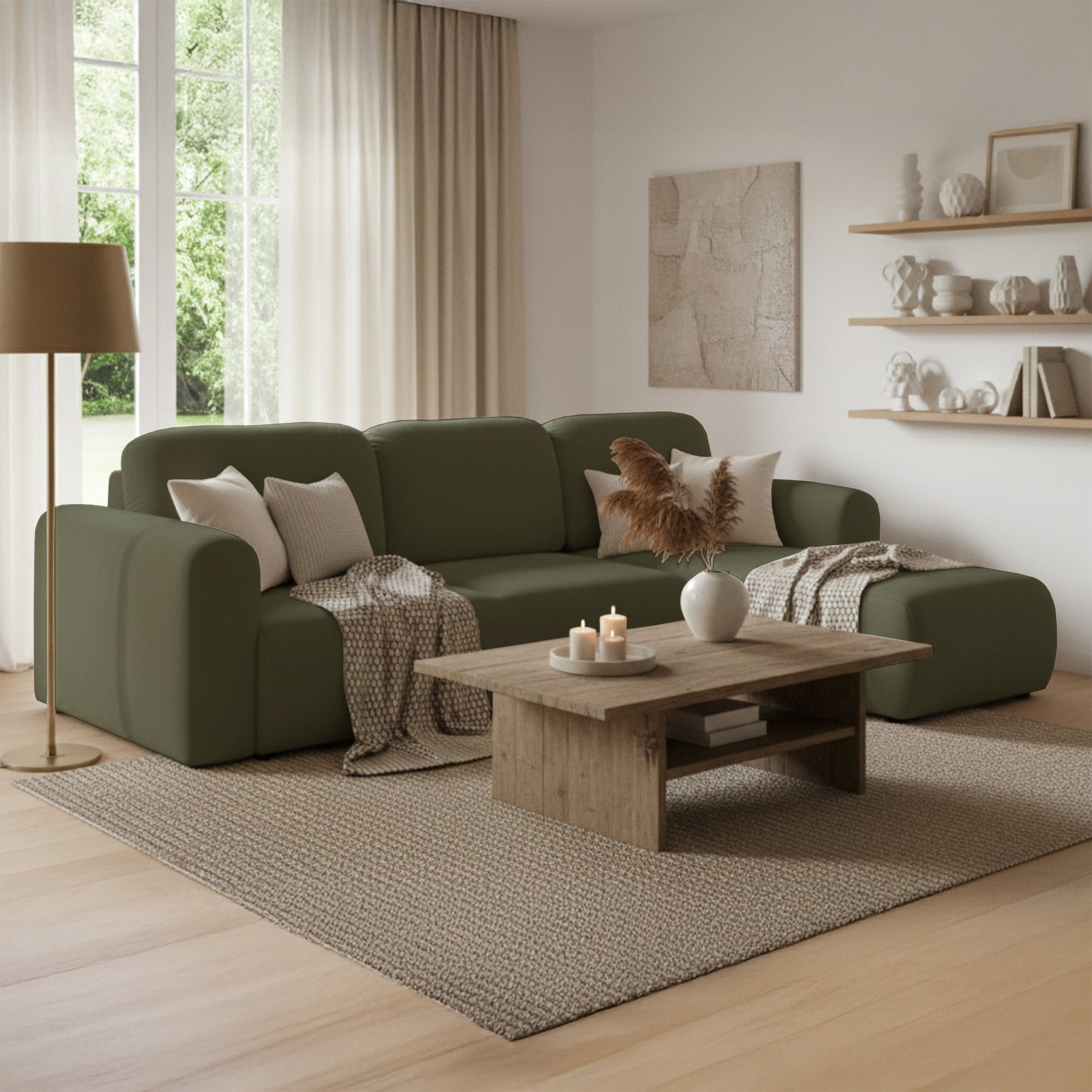 Ecksofa mit Schlafunktion Olido, L-förmig, universell, mit Stauraum, olivgrüner hydrophober Samt