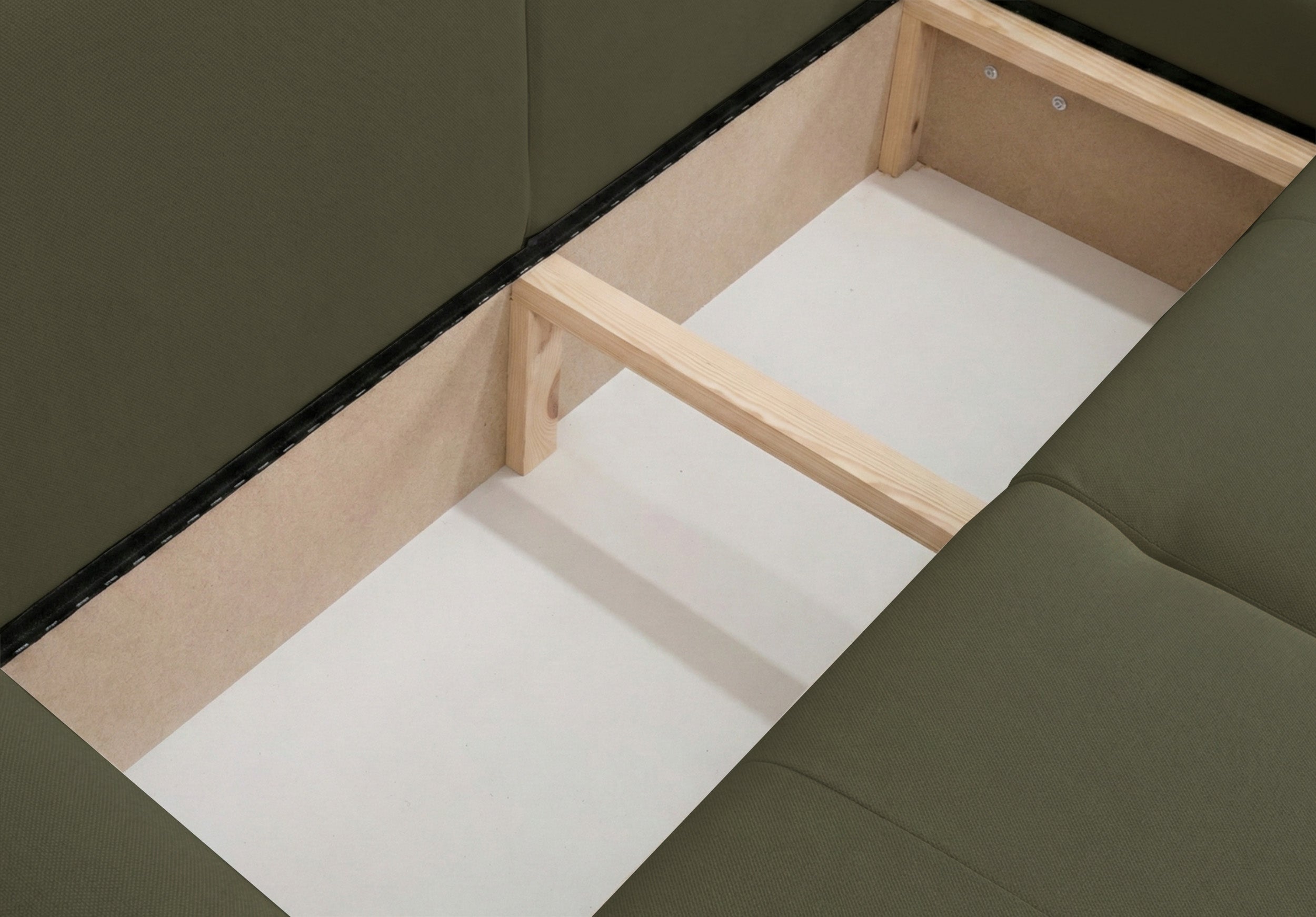 Ecksofa mit Schlafunktion Olido, L-förmig, universell, mit Stauraum, olivgrüner hydrophober Samt