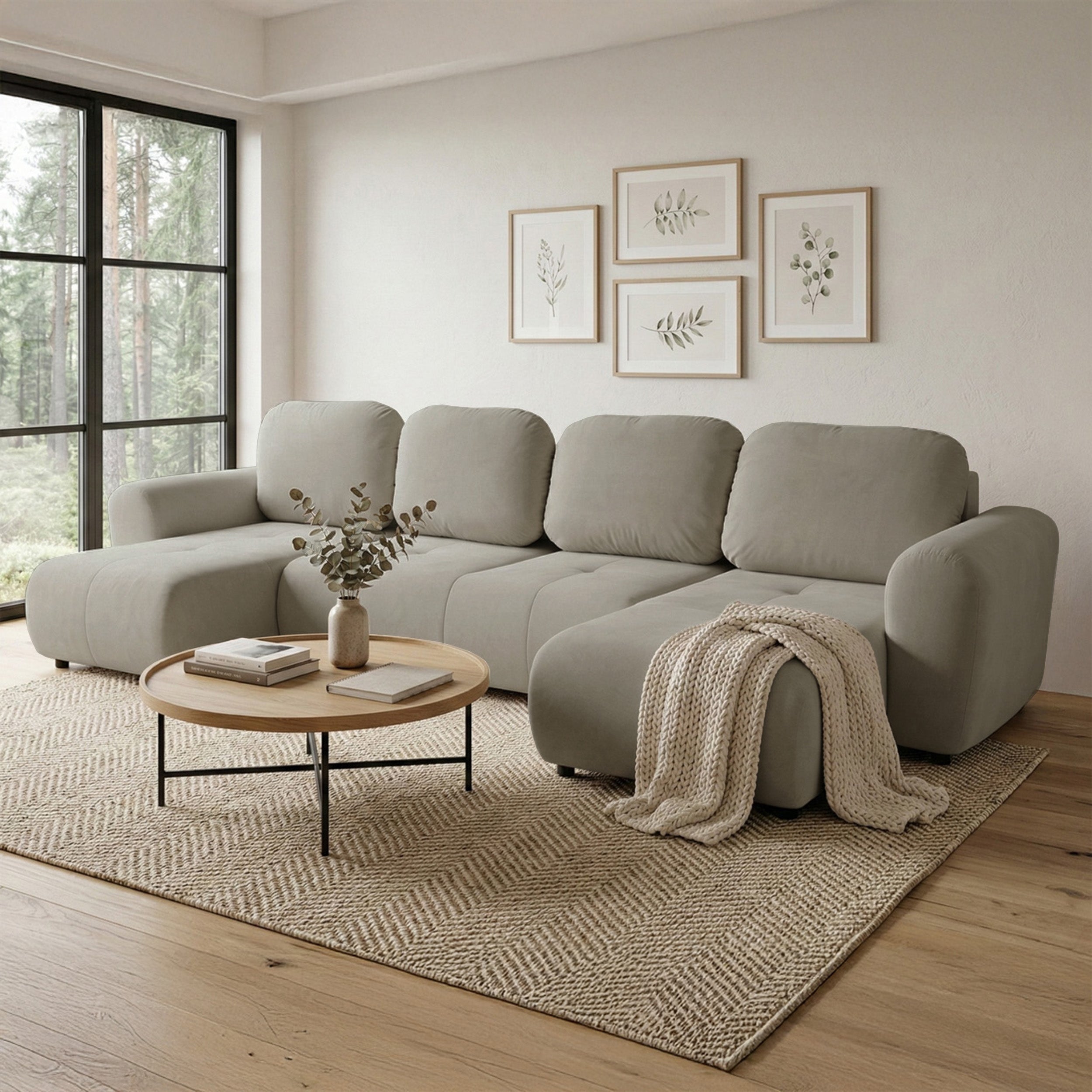 U-förmiges Ecksofa Olido mit Schlaffunktion, universell, mit Stauraum, beige, hydrophober Samtstoff