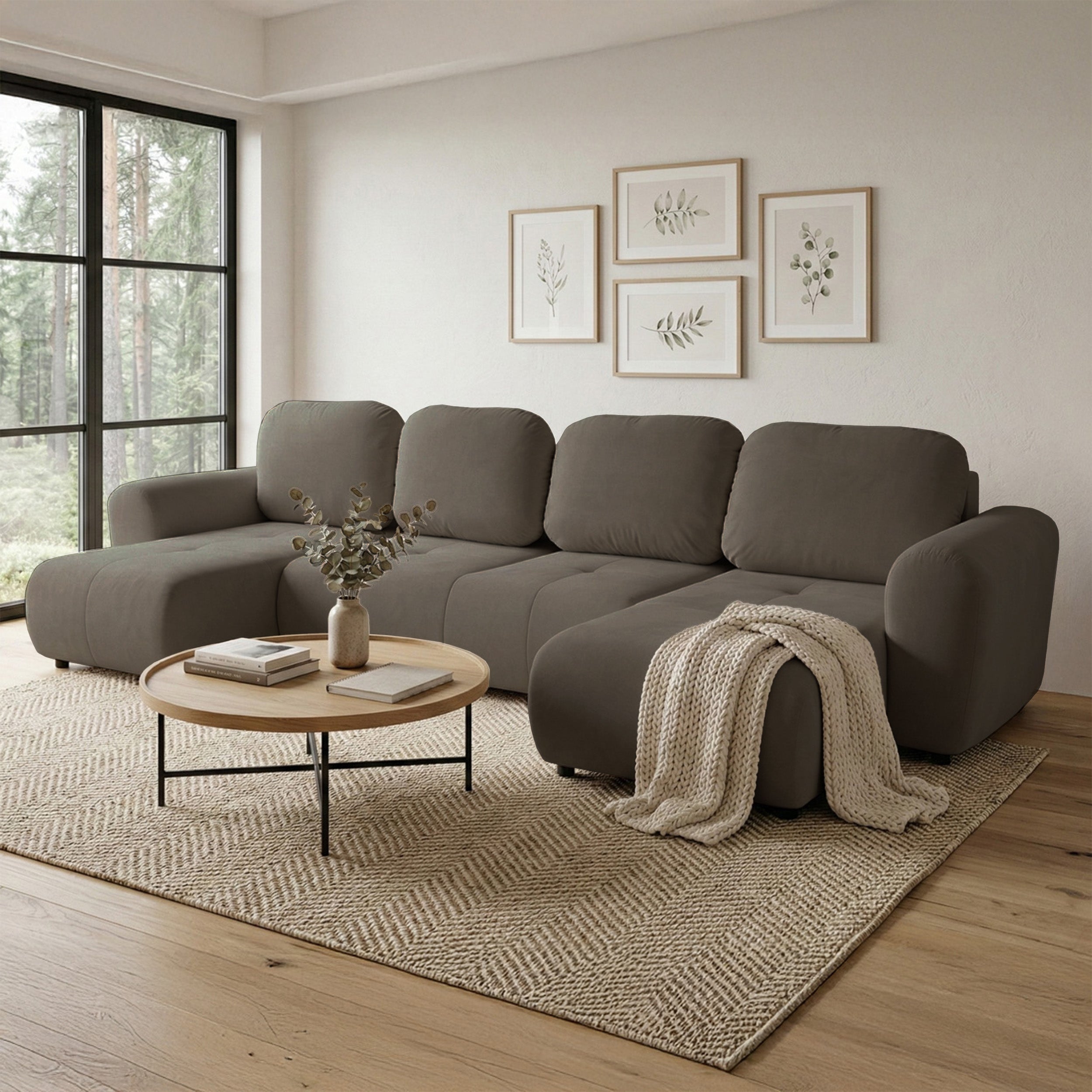 Ecksofa mit Schlaffunktion Olido, U-förmig, universell, mit Stauraum, dunkelbeige, wasserabweisender Samtstoff