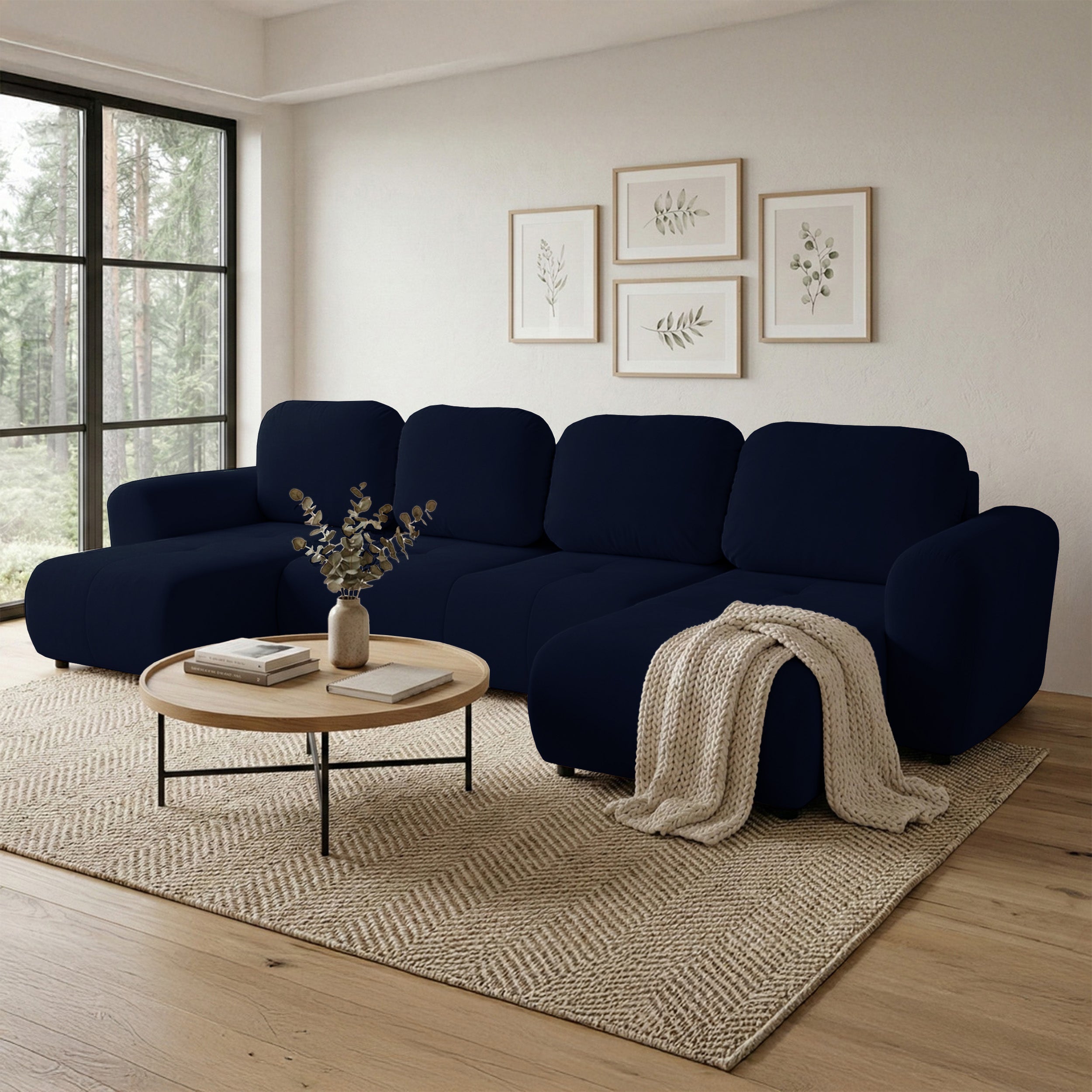 U-förmiges Ecksofa Olido mit Schlaffunktion, universell, mit Stauraum, marineblauer hydrophober Samtstoff