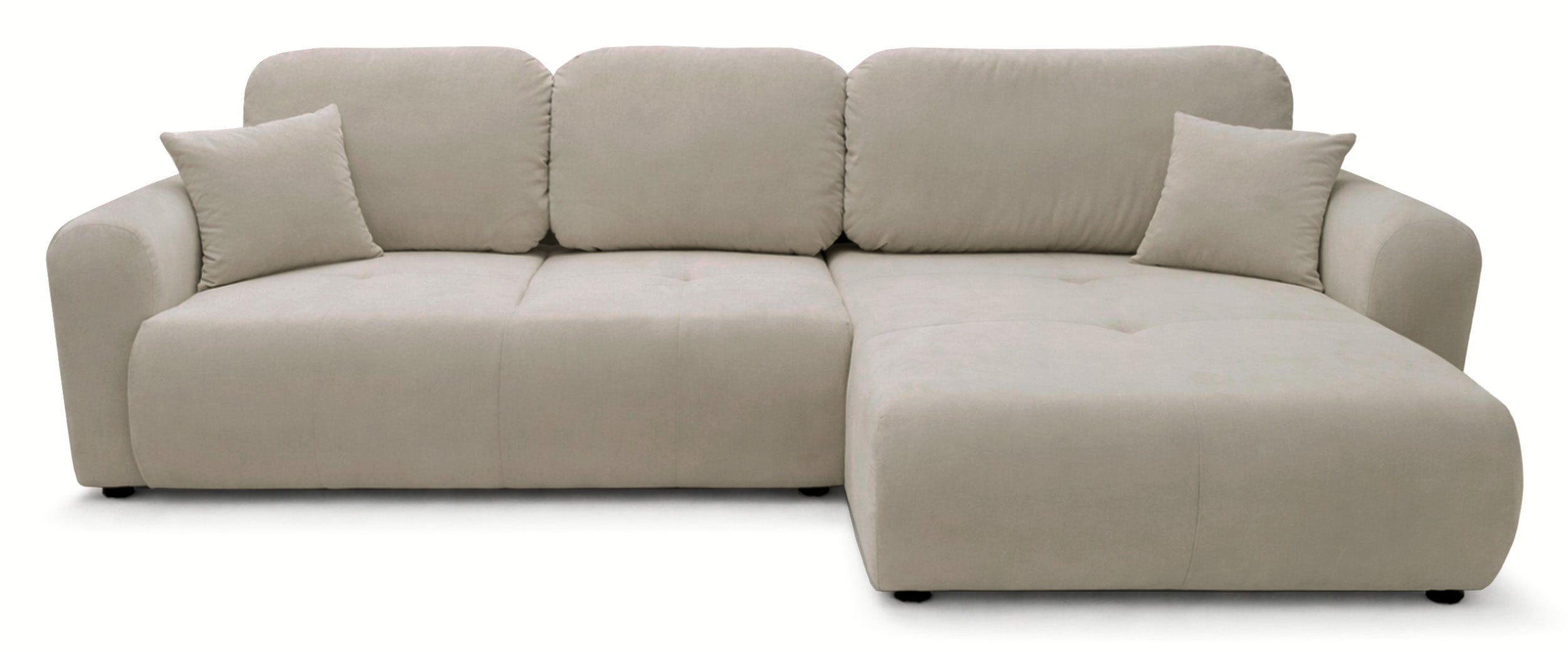 Große, universelle L-förmige Eckcouch Olido mit Schlaffunktion, Stauraum, beige, hydrophober Samtstoff
