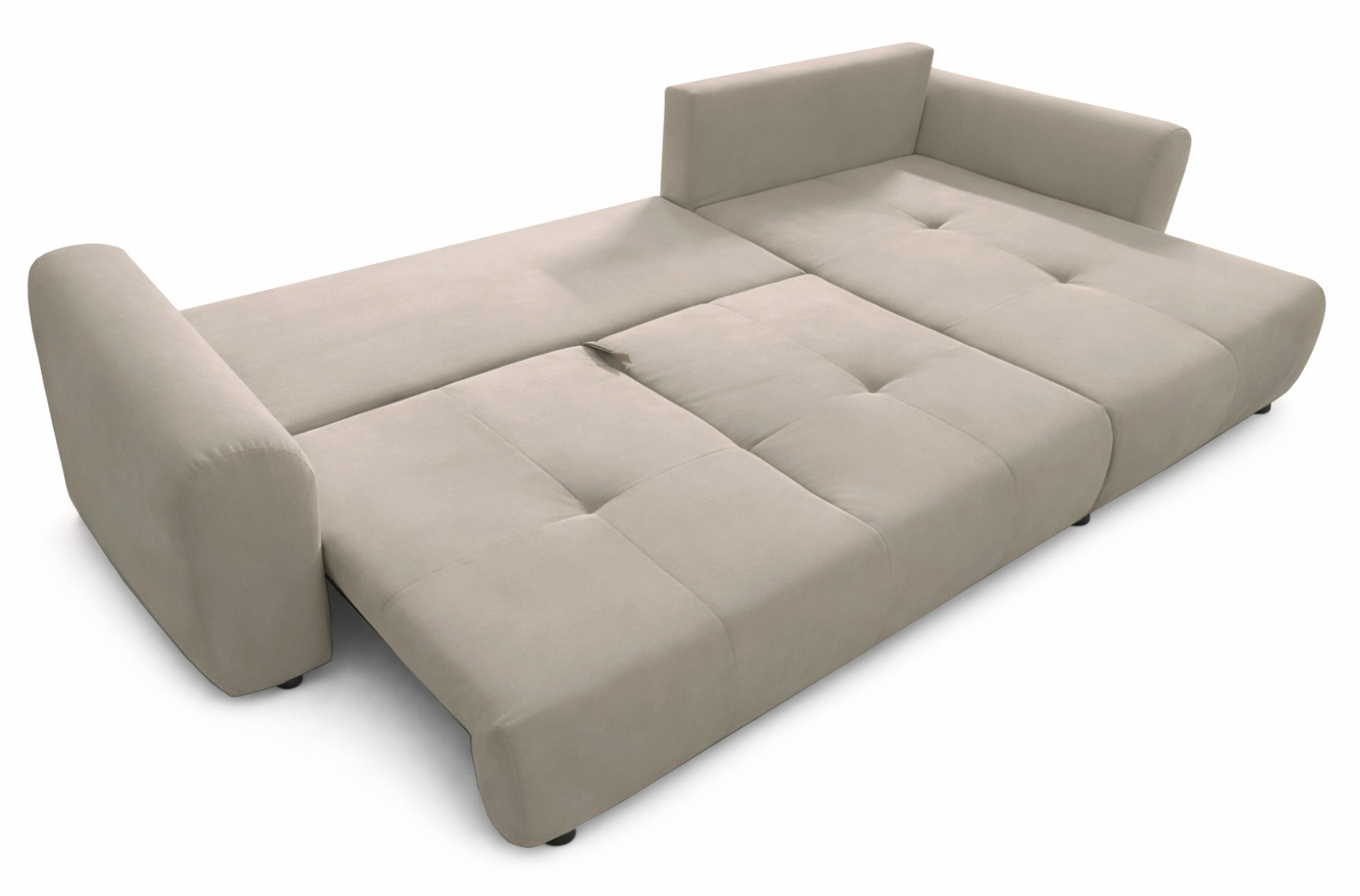 Große, universelle L-förmige Eckcouch Olido mit Schlaffunktion, Stauraum, beige, hydrophober Samtstoff