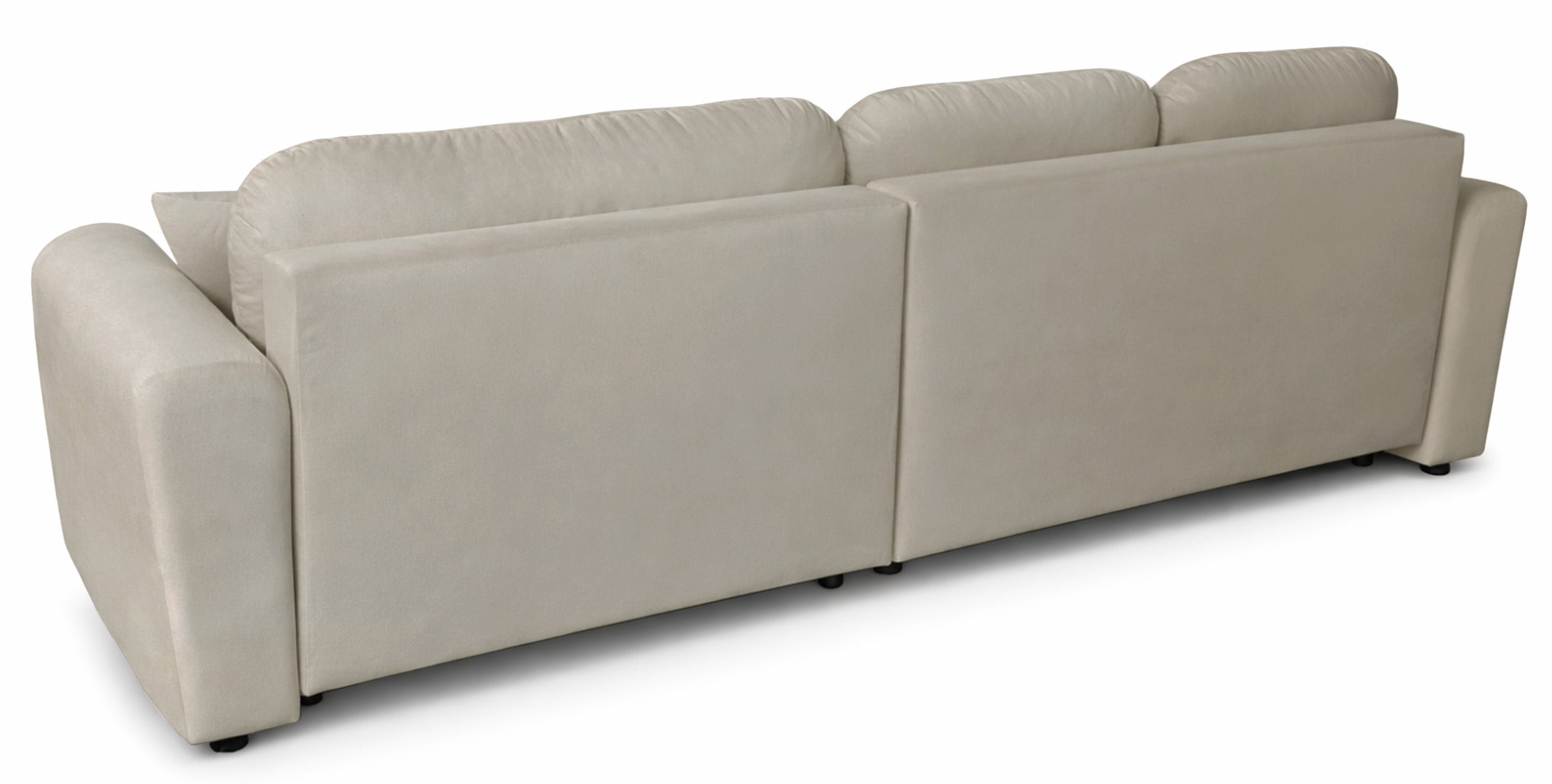 Große, universelle L-förmige Eckcouch Olido mit Schlaffunktion, Stauraum, beige, hydrophober Samtstoff