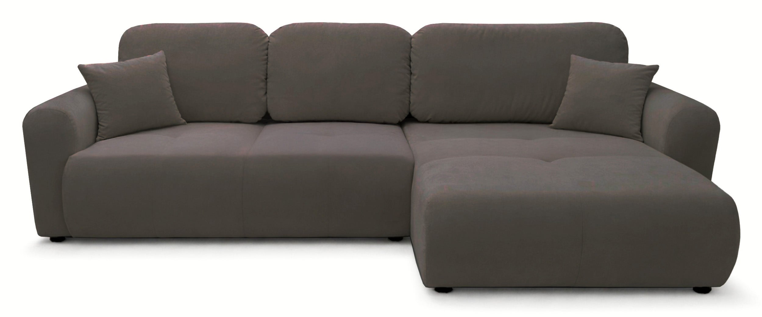 Große L-förmige Eckcouch Olido mit Schlaffunktion, universell einsetzbar, mit Stauraum, dunkelbeige, hydrophober Veloursstoff