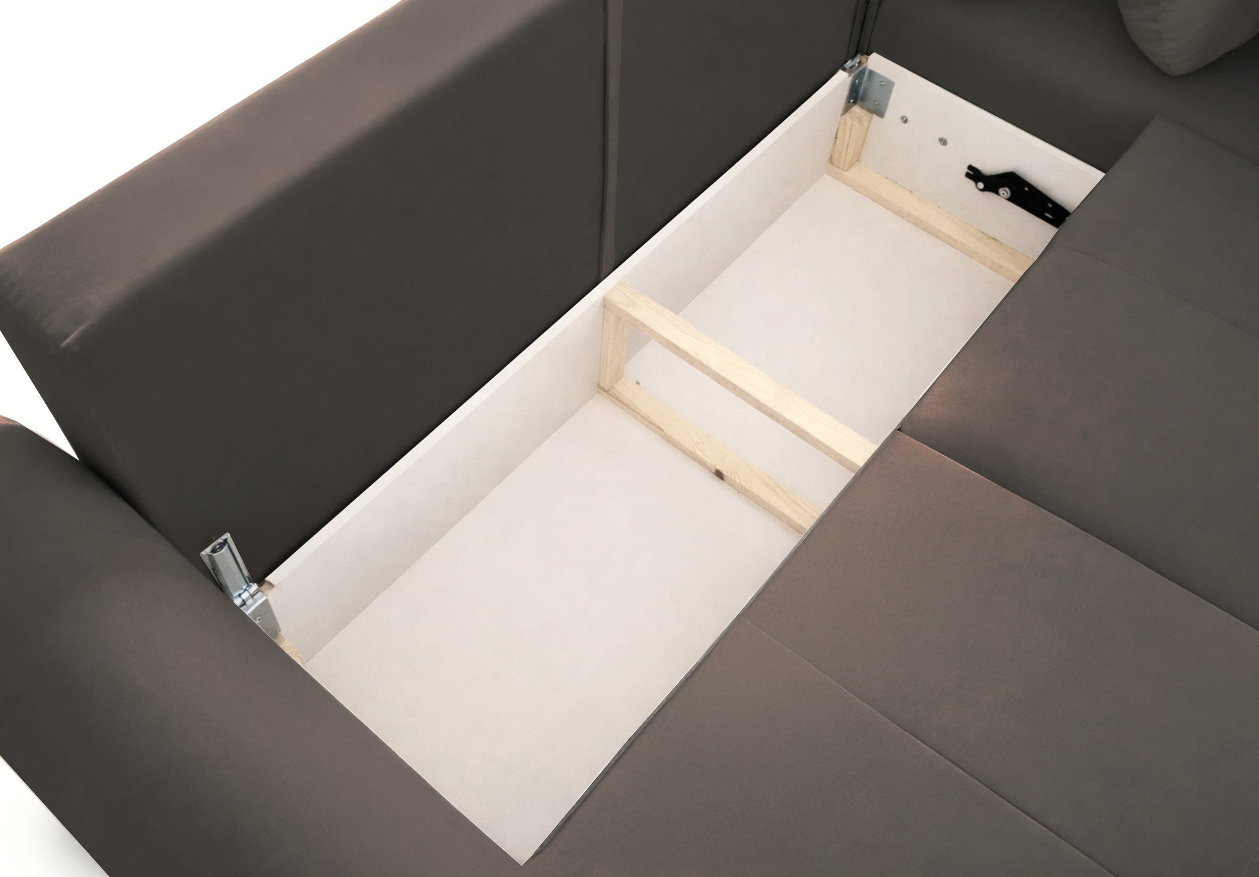 Große L-förmige Eckcouch Olido mit Schlaffunktion, universell einsetzbar, mit Stauraum, dunkelbeige, hydrophober Veloursstoff