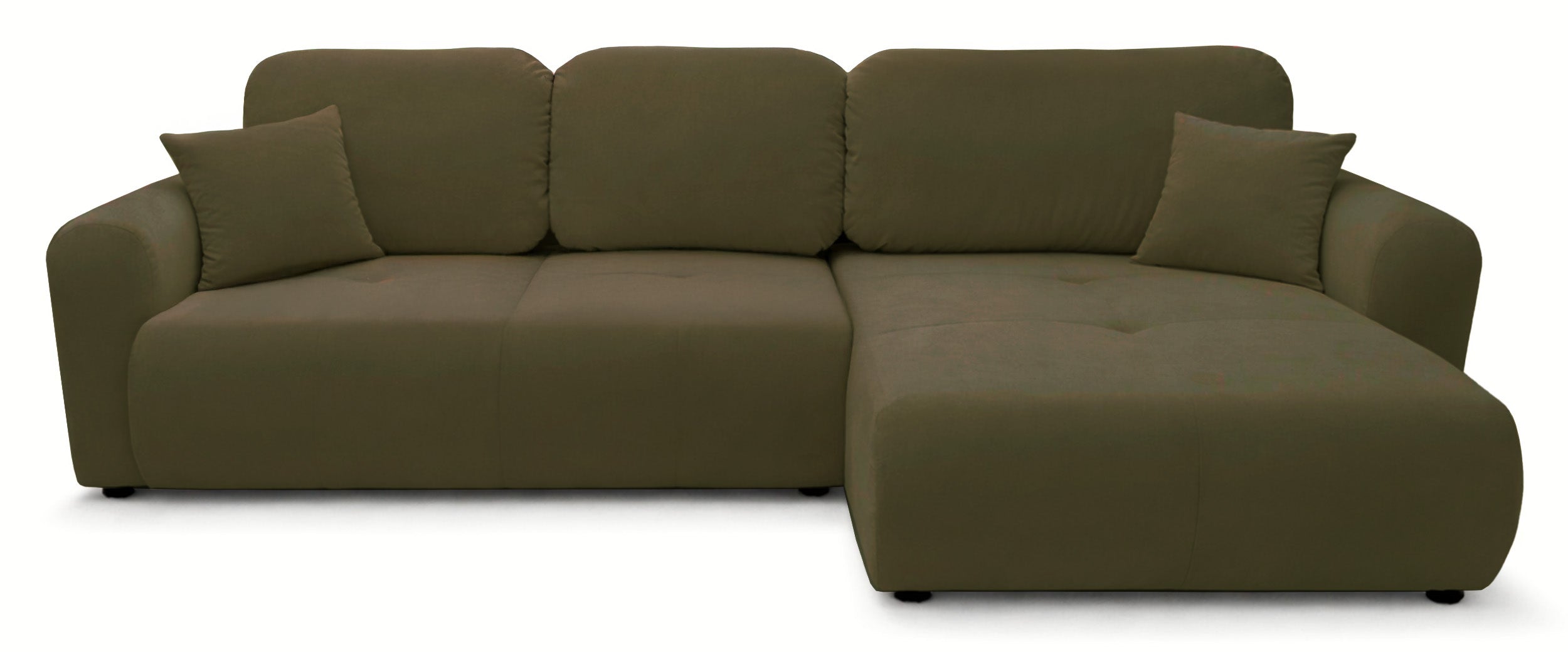 Großes L-förmiges Ecksofa Olido mit Schlaffunktion, universell, mit Stauraum, olivgrüner hydrophober Samtbezug