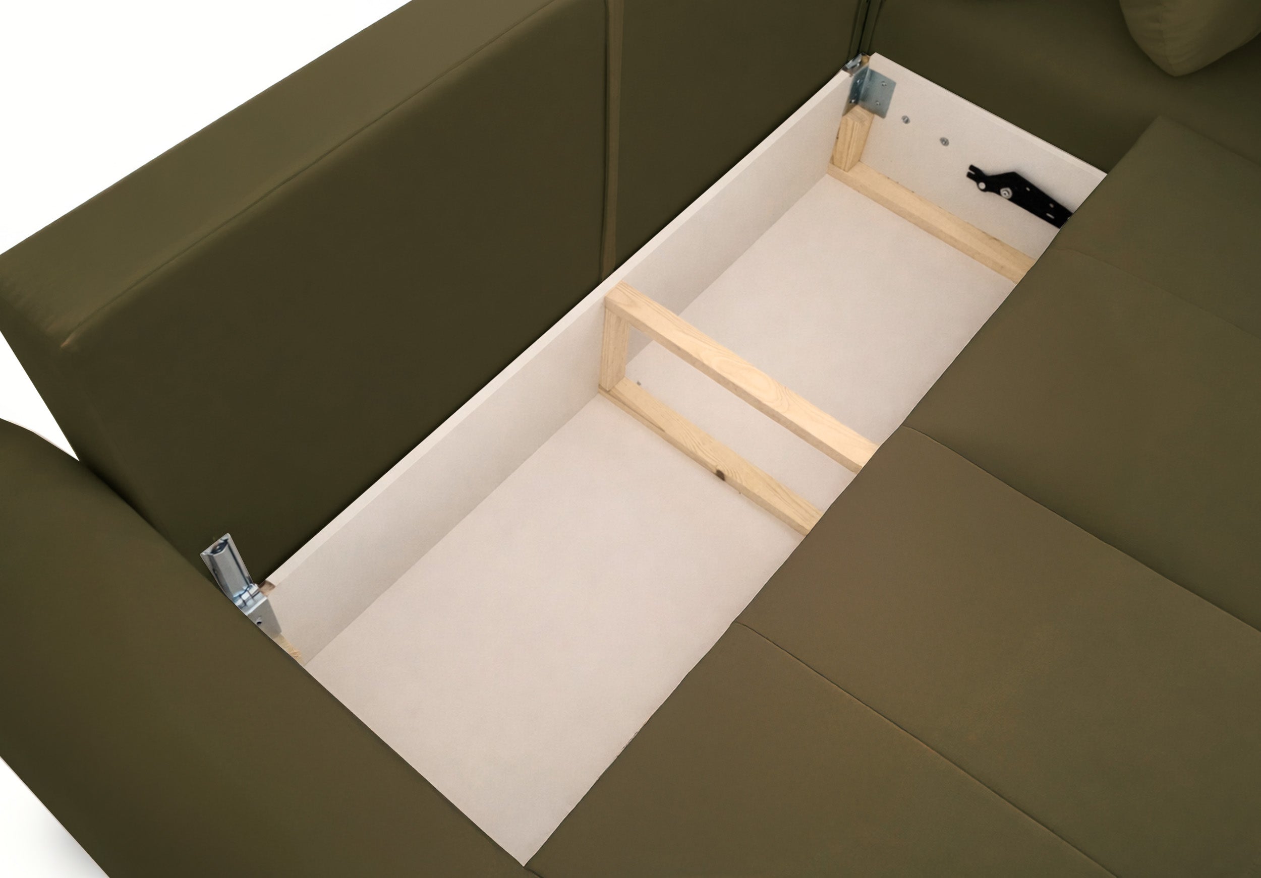 Großes L-förmiges Ecksofa Olido mit Schlaffunktion, universell, mit Stauraum, olivgrüner hydrophober Samtbezug