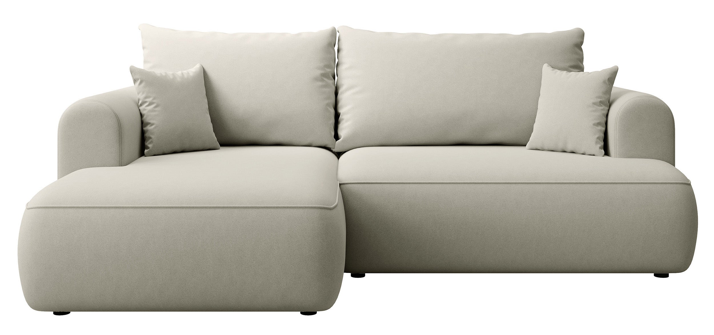 Ecksofa mit Schlaffunktion Ovo mini, L-förmig, linksseitig, mit Stauraum, hellbeiger Velours, pflegeleicht