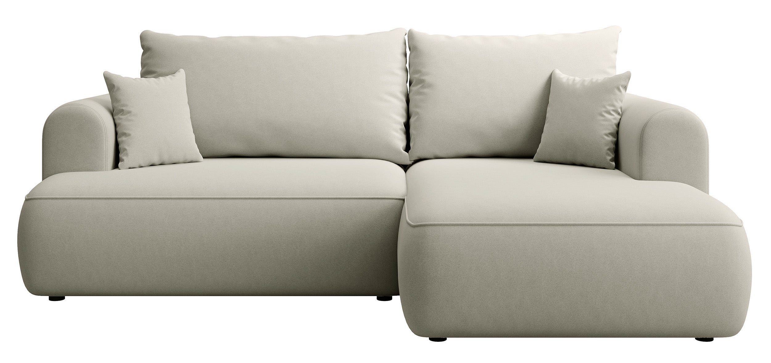 Ecksofa mit Schlaffunktion Ovo mini, L-förmig, rechtsseitig, mit Stauraum, hellbeiger, pflegeleichter Samtvelours