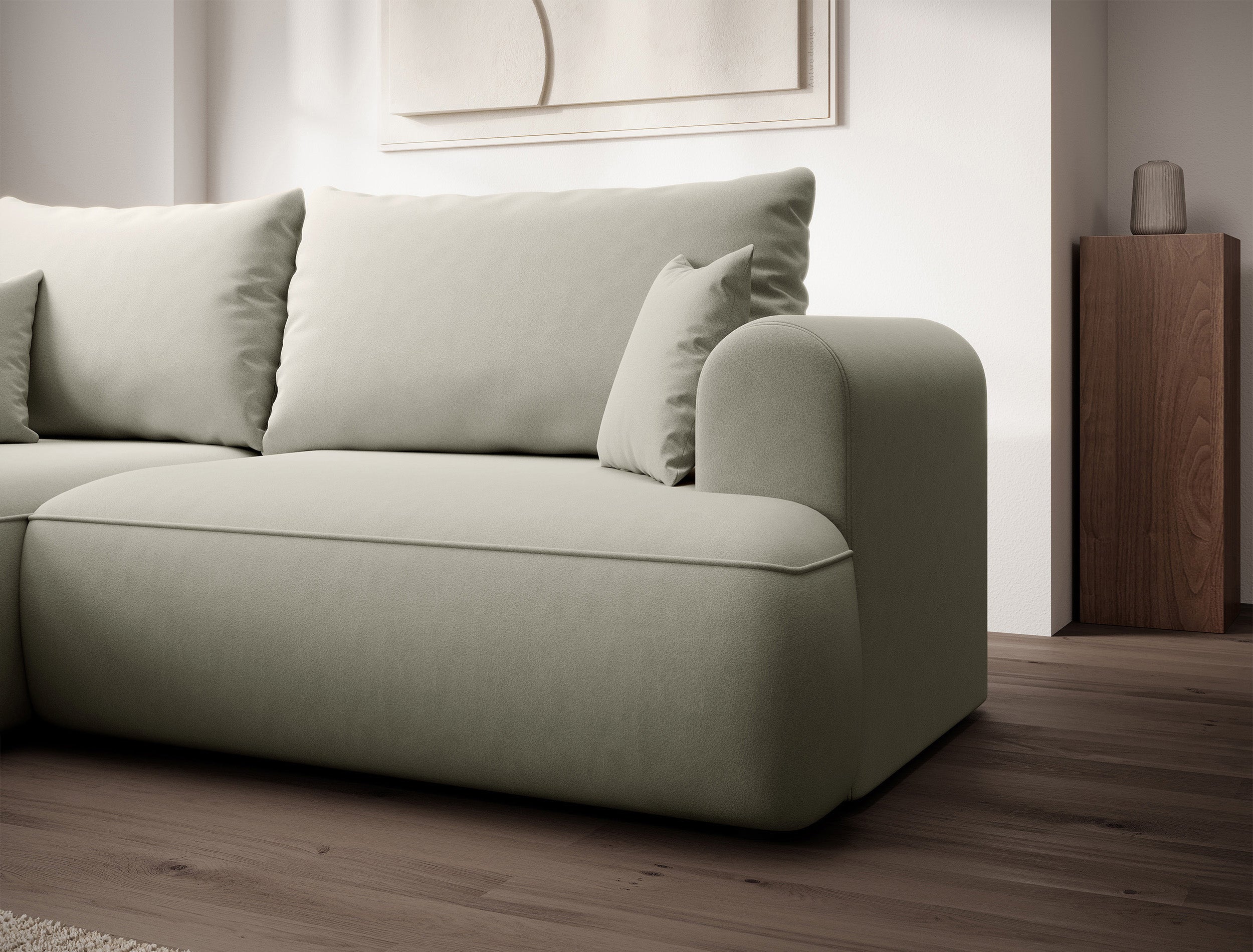 Ecksofa mit Schlaffunktion Ovo mini, L-förmig, linksseitig, mit Stauraum, hellbeiger Velours, pflegeleicht