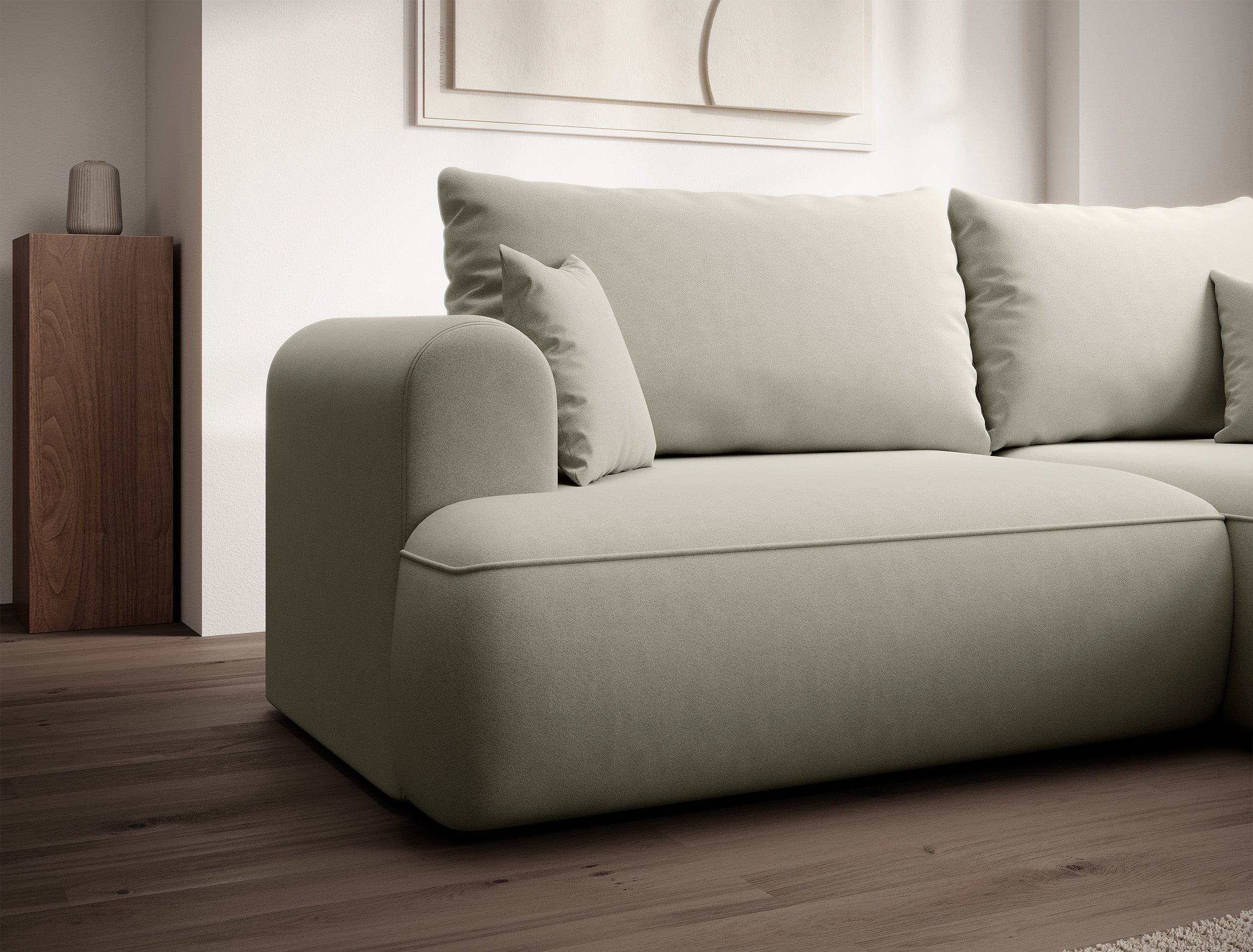 Ecksofa mit Schlaffunktion Ovo Mini, L-förmig, linksseitig, mit Stauraum, olivgrüner, pflegeleichter Samtbezug