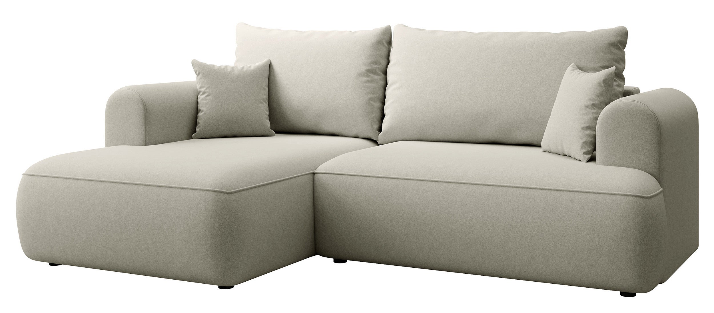 Ecksofa mit Schlaffunktion Ovo mini, L-förmig, linksseitig, mit Stauraum, hellbeiger Velours, pflegeleicht