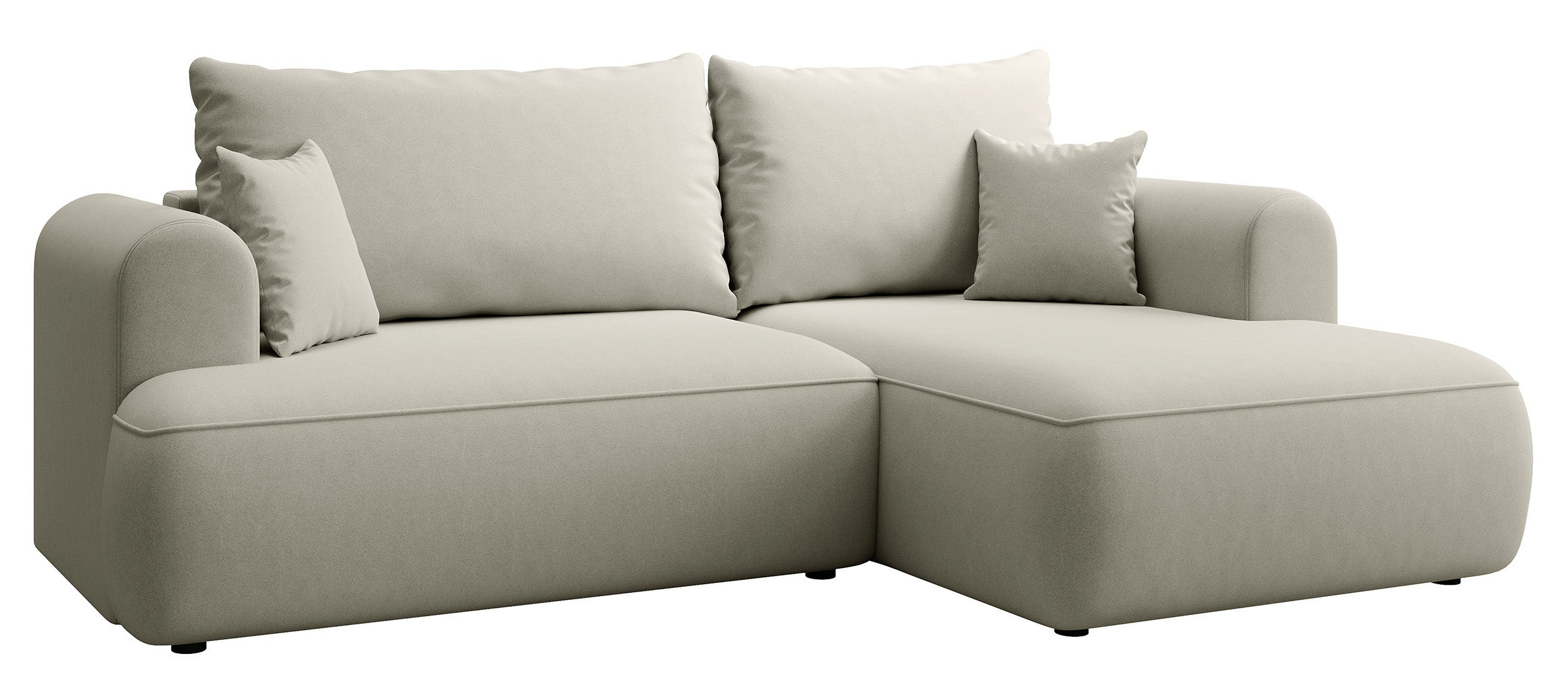 Ecksofa mit Schlaffunktion Ovo mini, L-förmig, rechtsseitig, mit Stauraum, hellbeiger, pflegeleichter Samtvelours