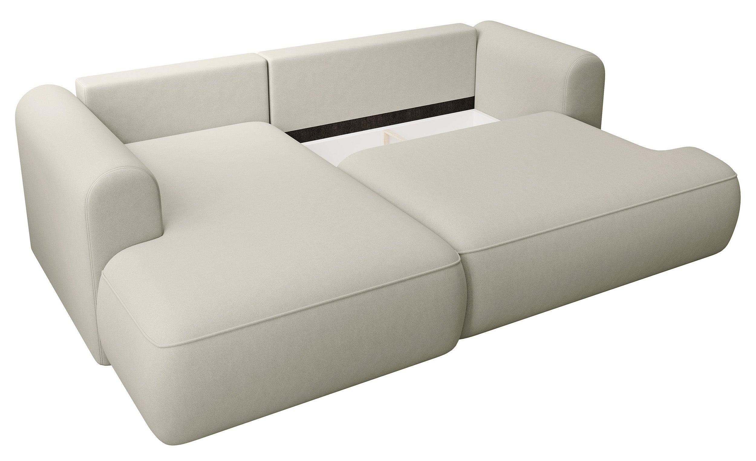 Ecksofa mit Schlaffunktion Ovo mini, L-förmig, linksseitig, mit Stauraum, hellbeiger Velours, pflegeleicht