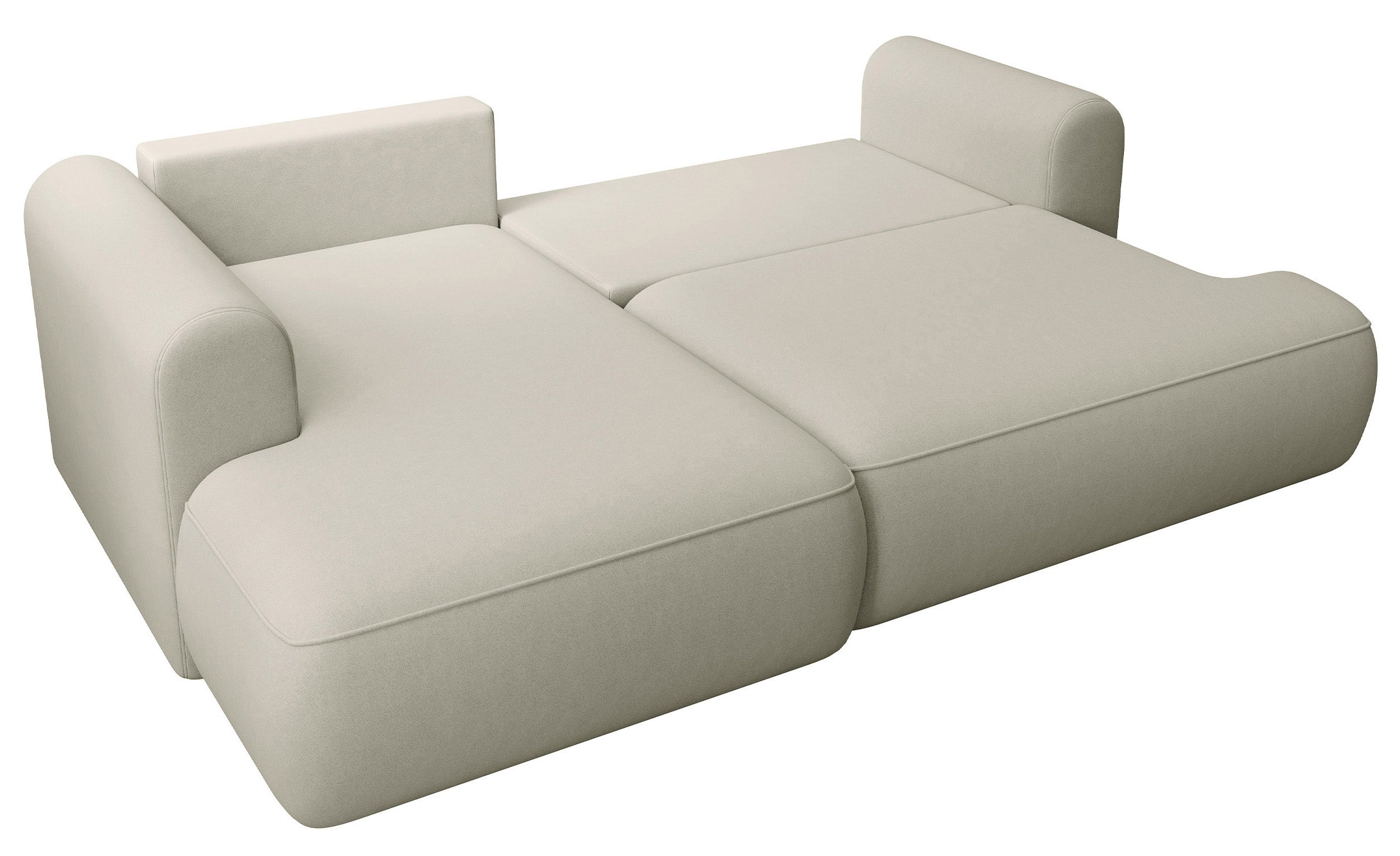 Ecksofa mit Schlaffunktion Ovo mini, L-förmig, linksseitig, mit Stauraum, hellbeiger Velours, pflegeleicht