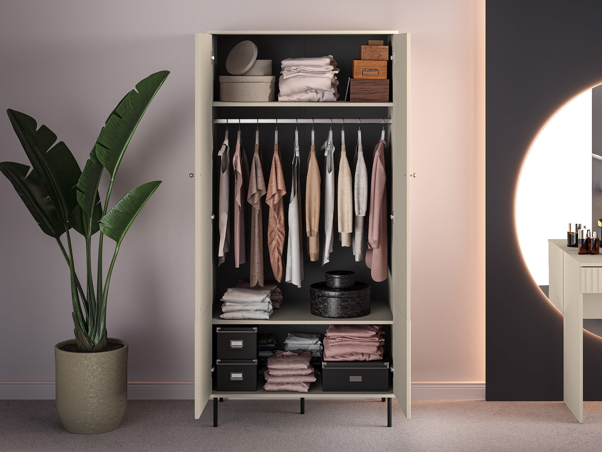 Zweiturige Caletto-Garderobe 92 cm mit dekorativen Lamellen, beige