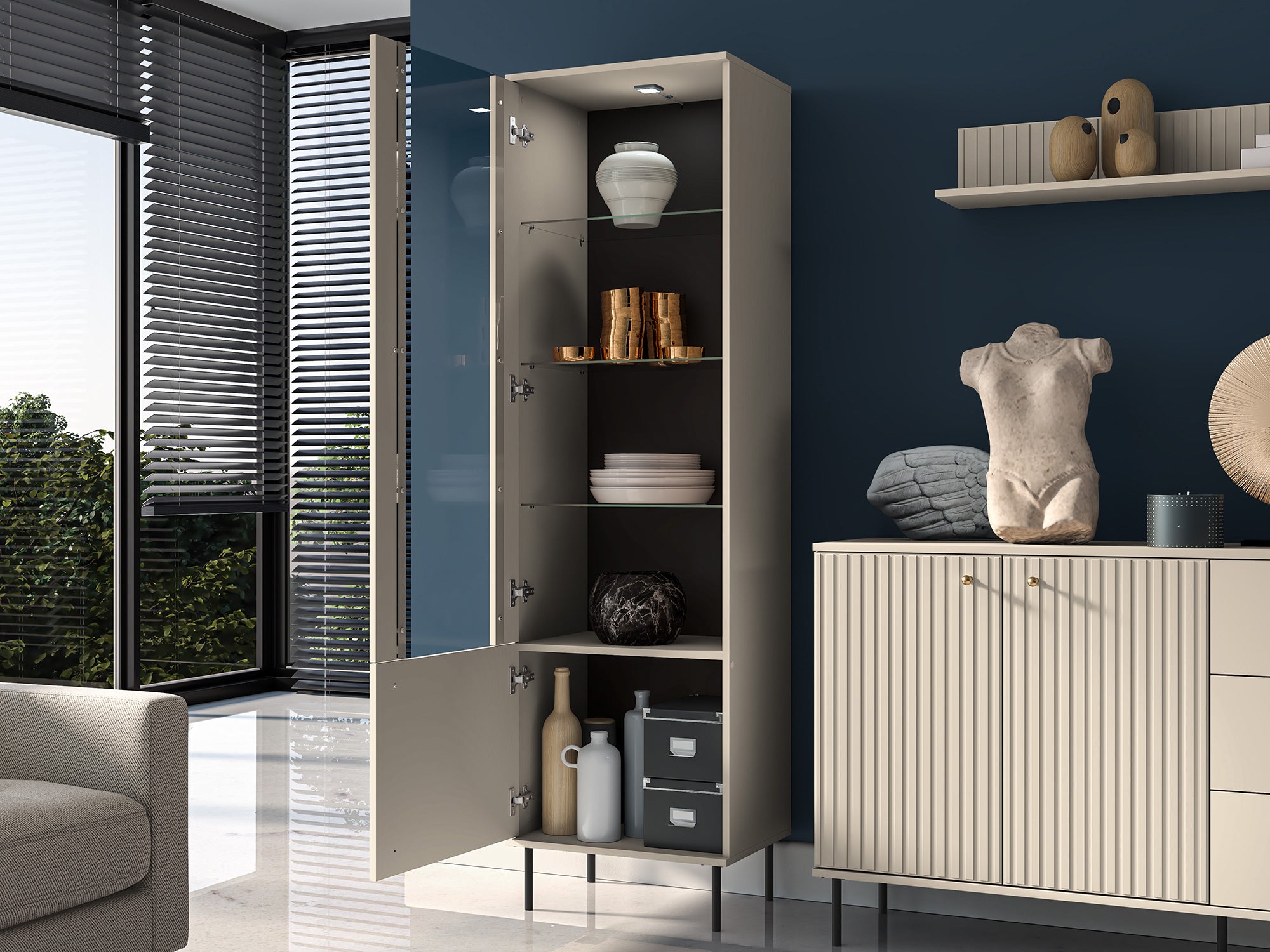 Einflügeliges Caletto-Schrankelement 55 cm mit dekorativen Lamellen, beige