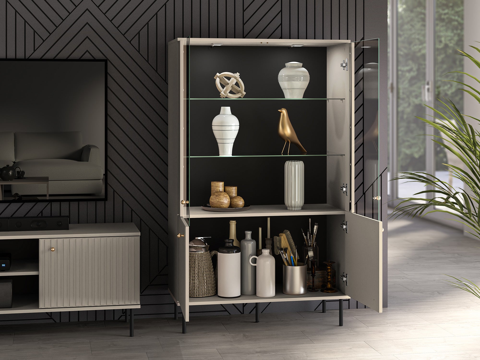 Zweiflügeliger Schrank Caletto 92 cm mit dekorativen Lamellen, beige