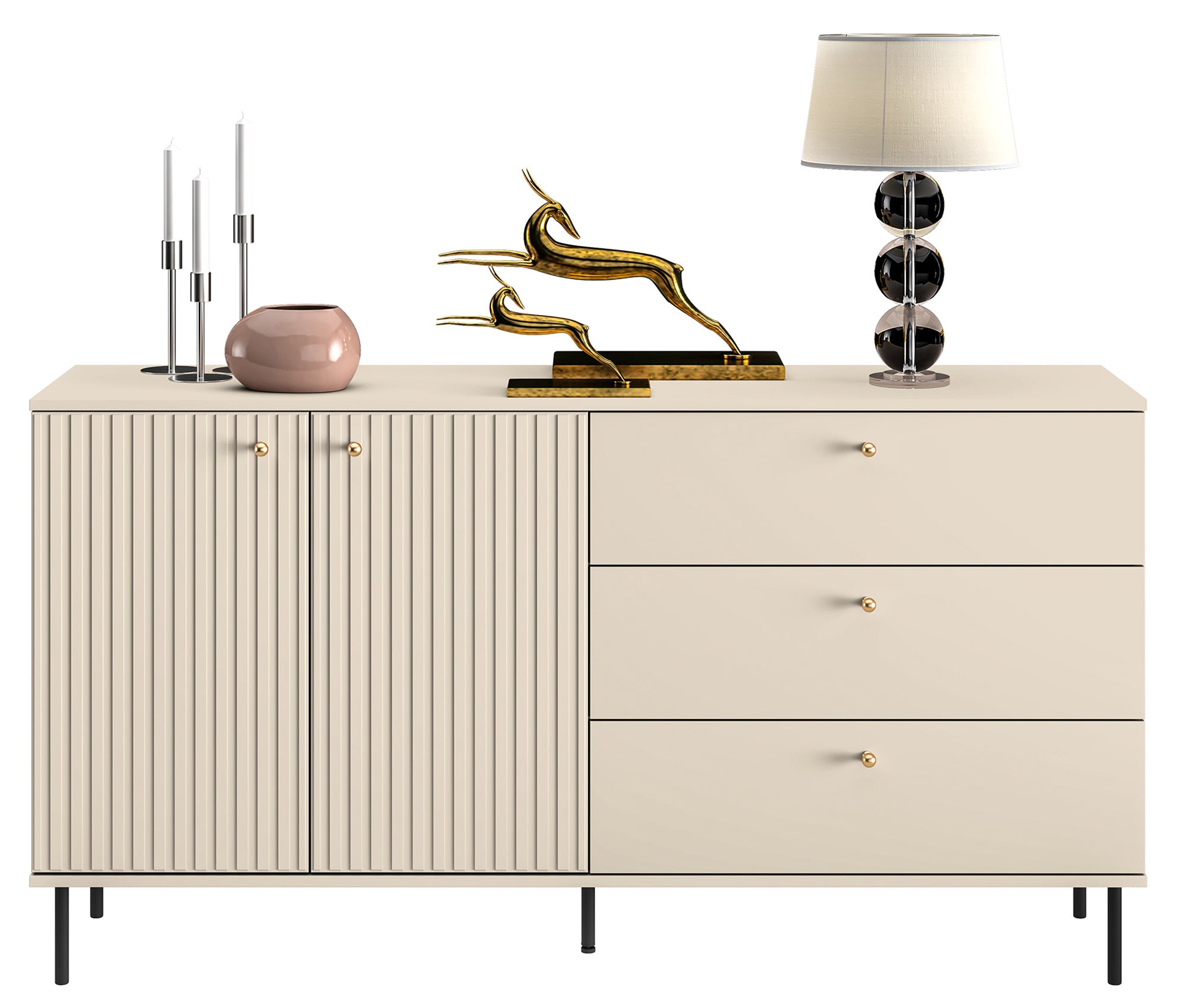 Zweiturige Kommode Caletto mit drei Schubladen, 160 cm, dekorative Lamellen, beige