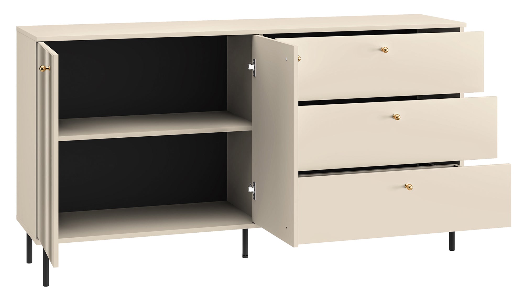Zweiturige Kommode Caletto mit drei Schubladen, 160 cm, dekorative Lamellen, beige
