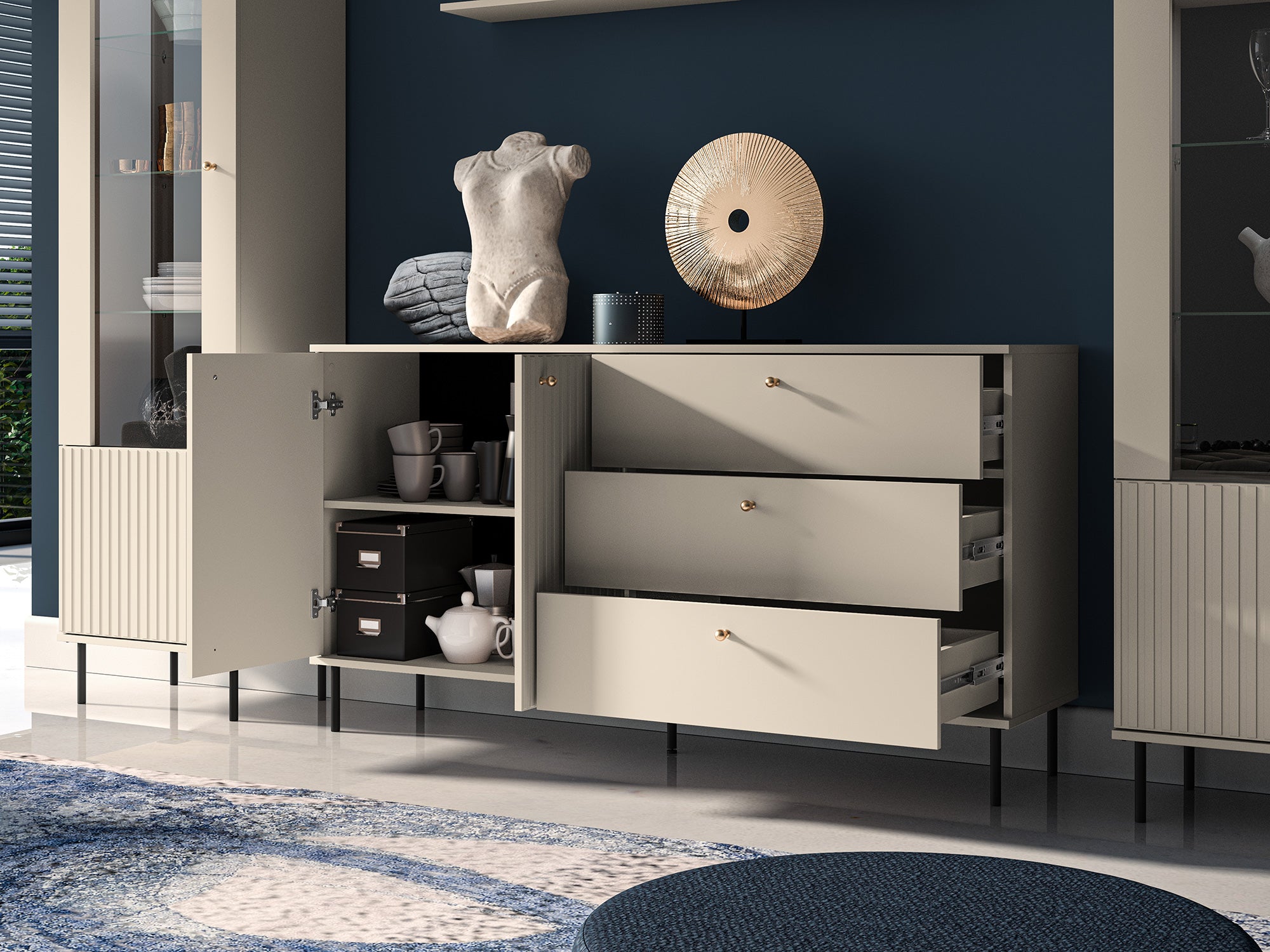 Zweiturige Kommode Caletto mit drei Schubladen, 160 cm, dekorative Lamellen, beige