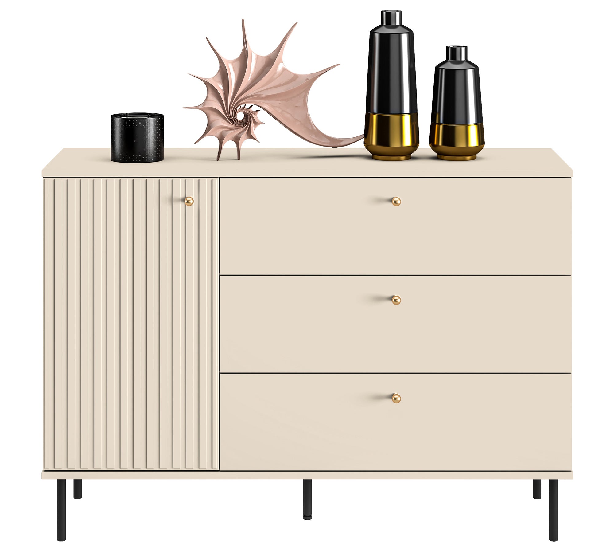 Einflügler-Kommode Caletto mit drei Schubladen, 120 cm, dekorative Lamellen, beige