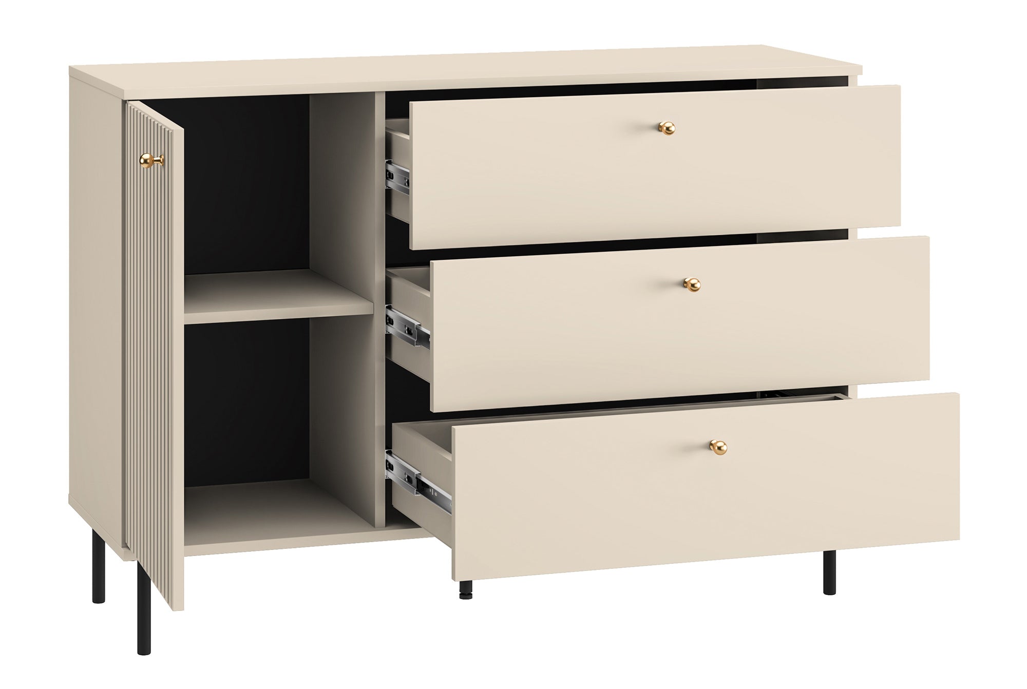 Einflügler-Kommode Caletto mit drei Schubladen, 120 cm, dekorative Lamellen, beige
