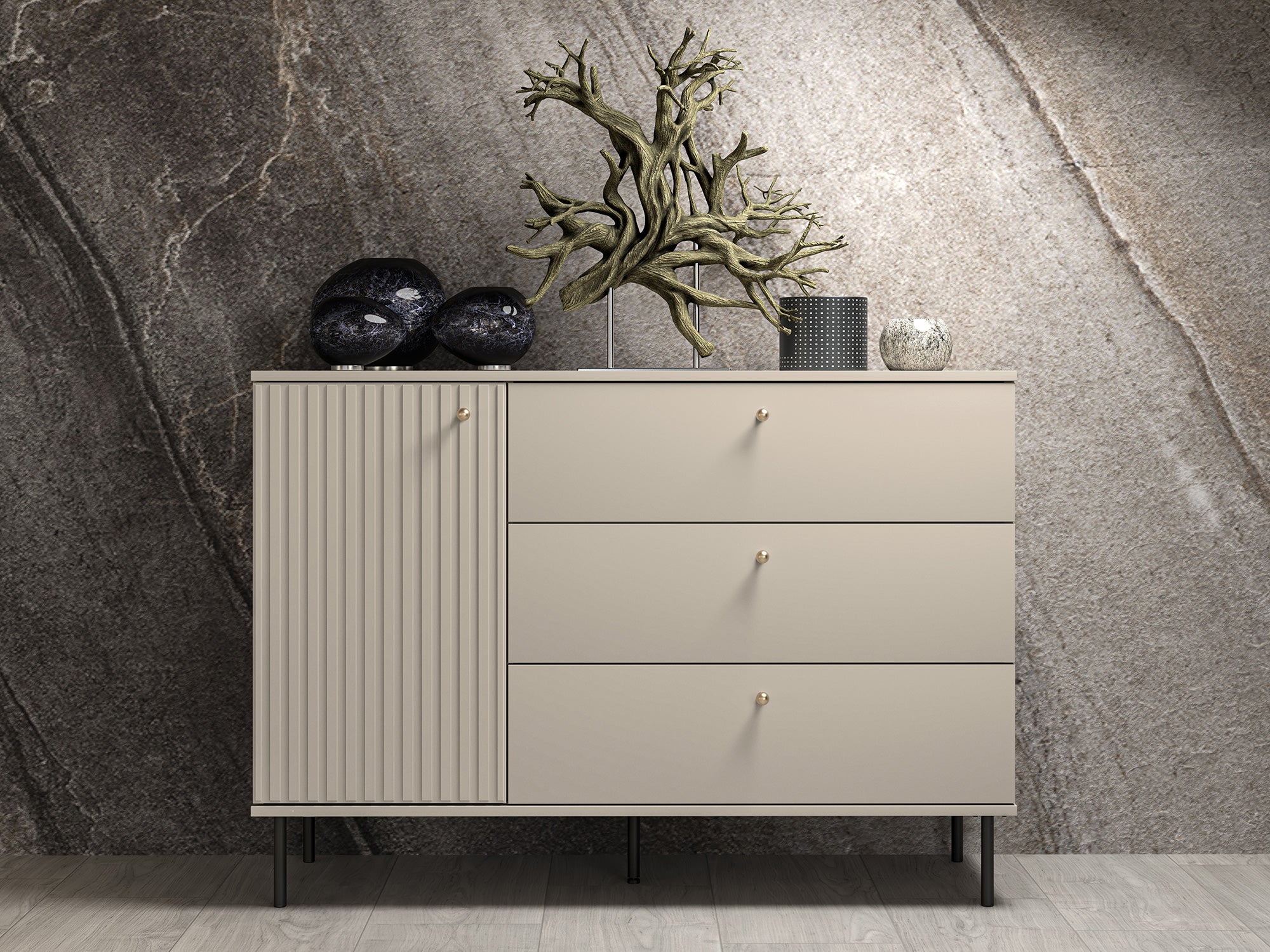 Einflügler-Kommode Caletto mit drei Schubladen, 120 cm, dekorative Lamellen, beige