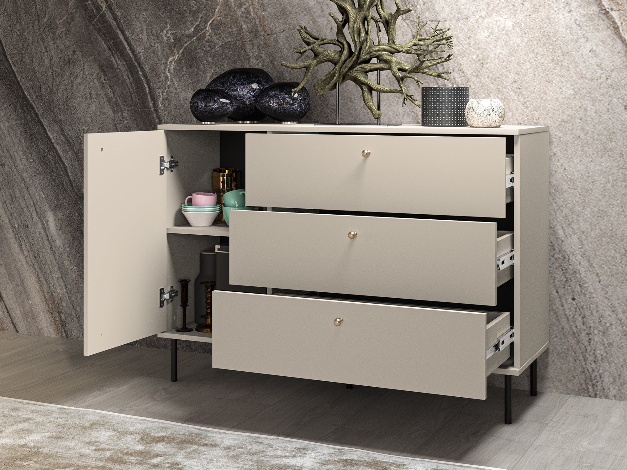 Einflügler-Kommode Caletto mit drei Schubladen, 120 cm, dekorative Lamellen, beige