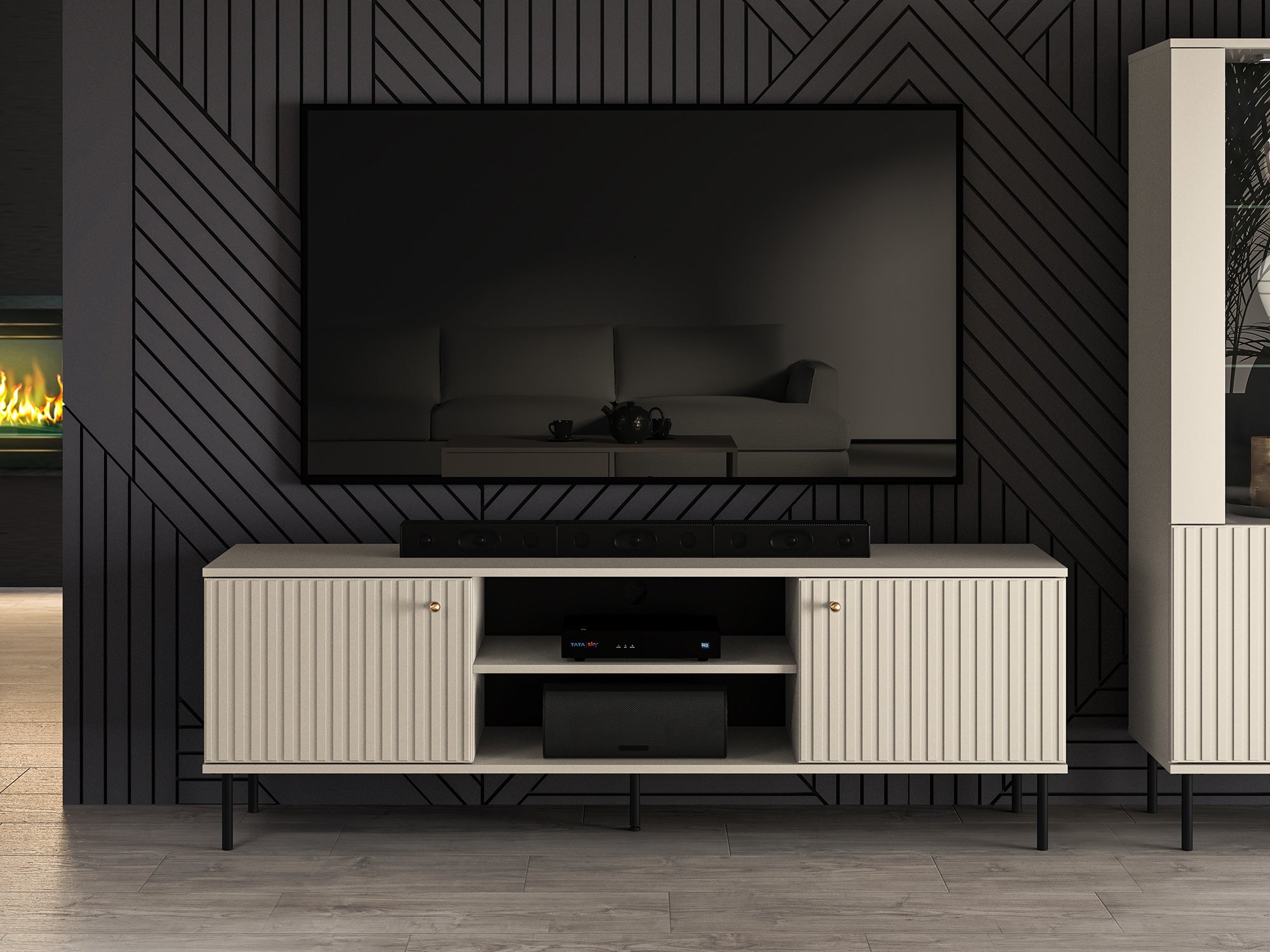 TV-Schrank Caletto 160 cm mit dekorativen Lamellen, beige