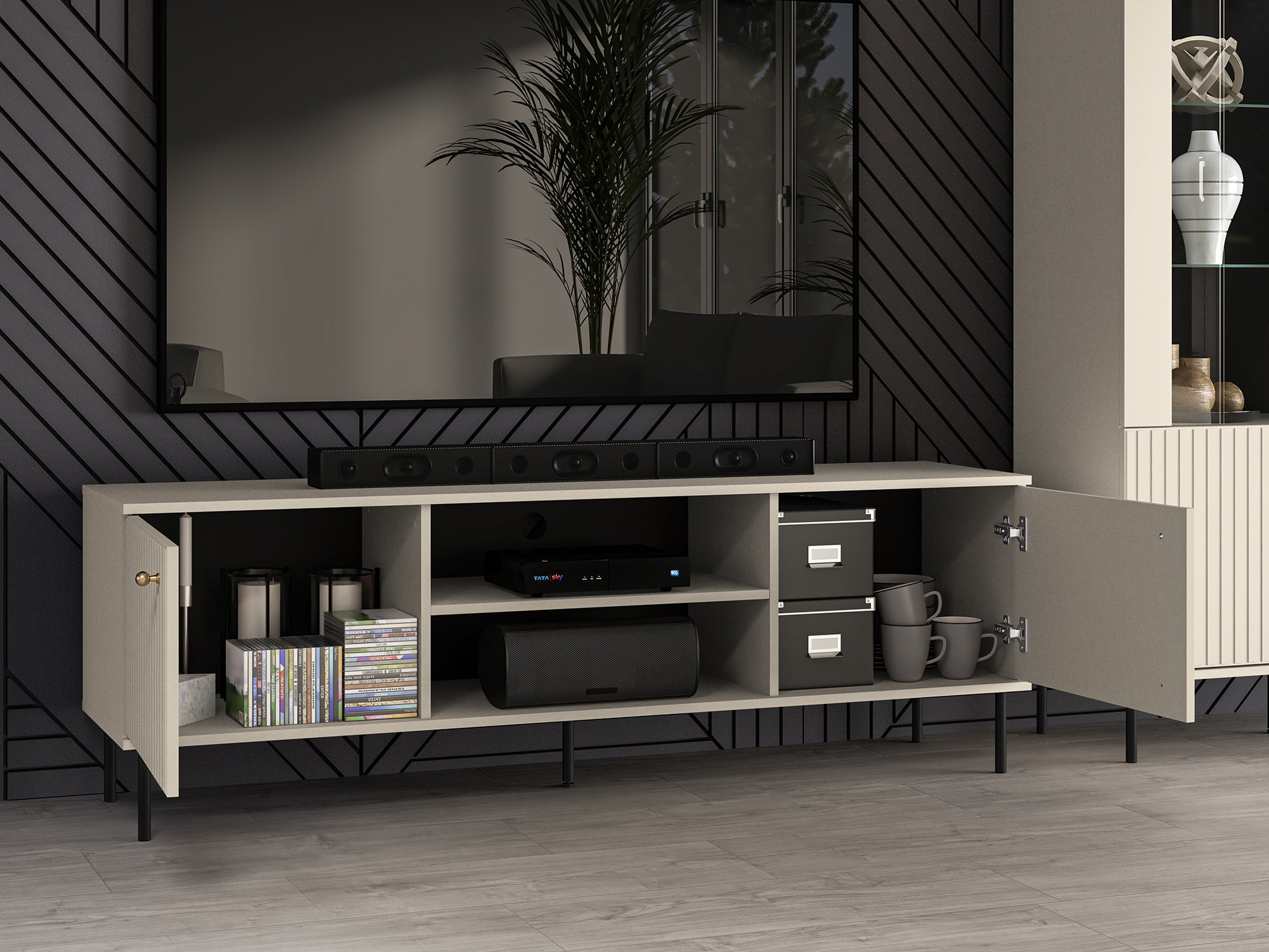 TV-Schrank Caletto 160 cm mit dekorativen Lamellen, beige