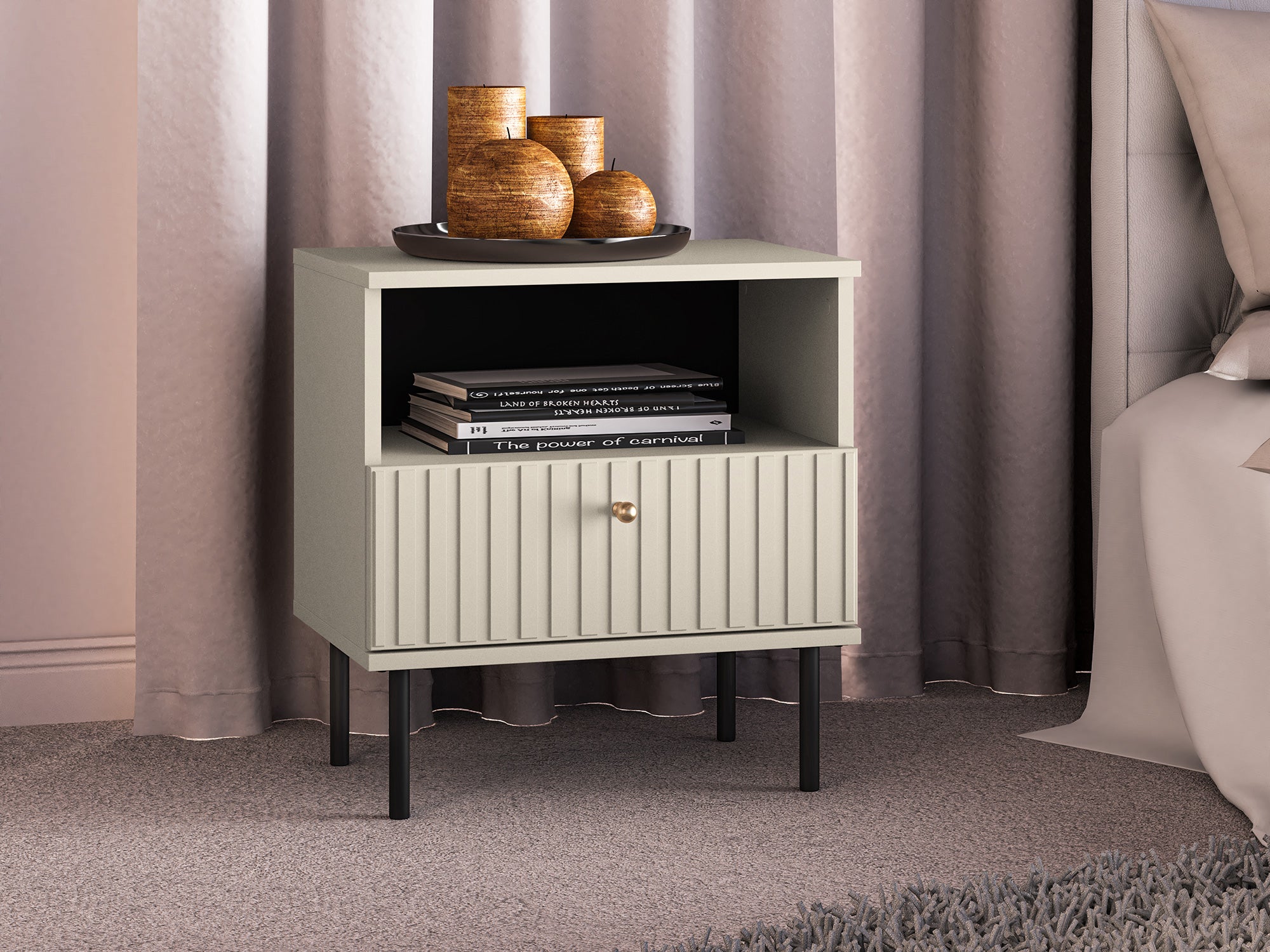Nachttisch Caletto mit Schublade 50 cm dekorative Lamellen beige