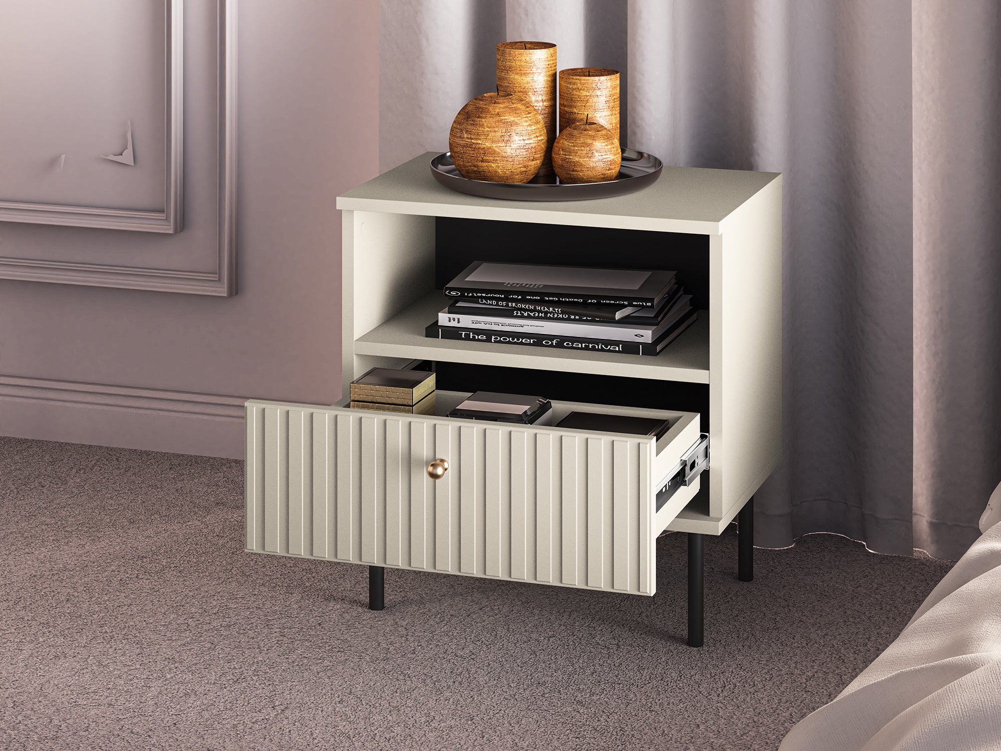 Nachttisch Caletto mit Schublade 50 cm dekorative Lamellen beige