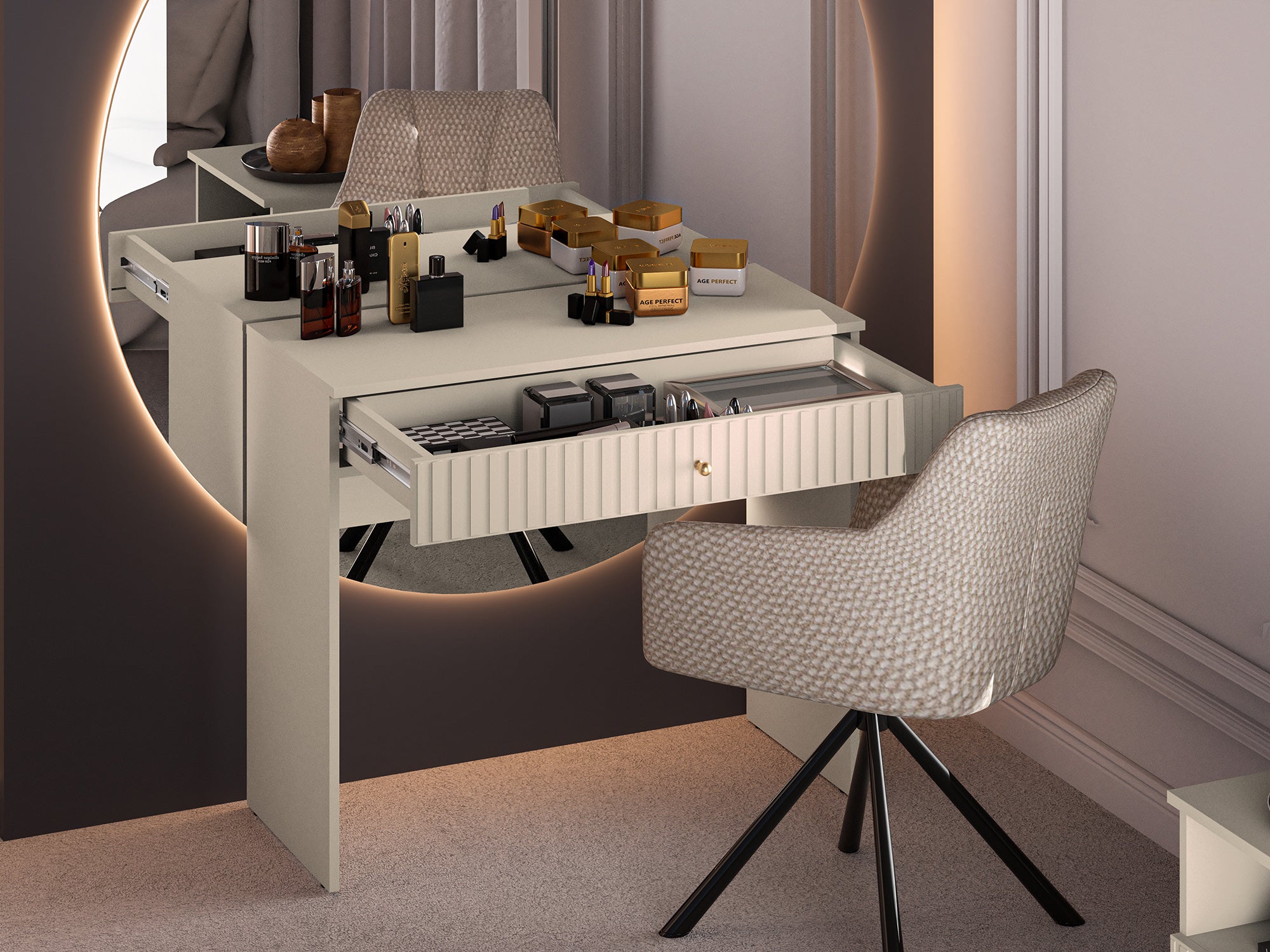 Caletto Schminktisch mit Schublade 92 cm, dekorative Lamellen, beige