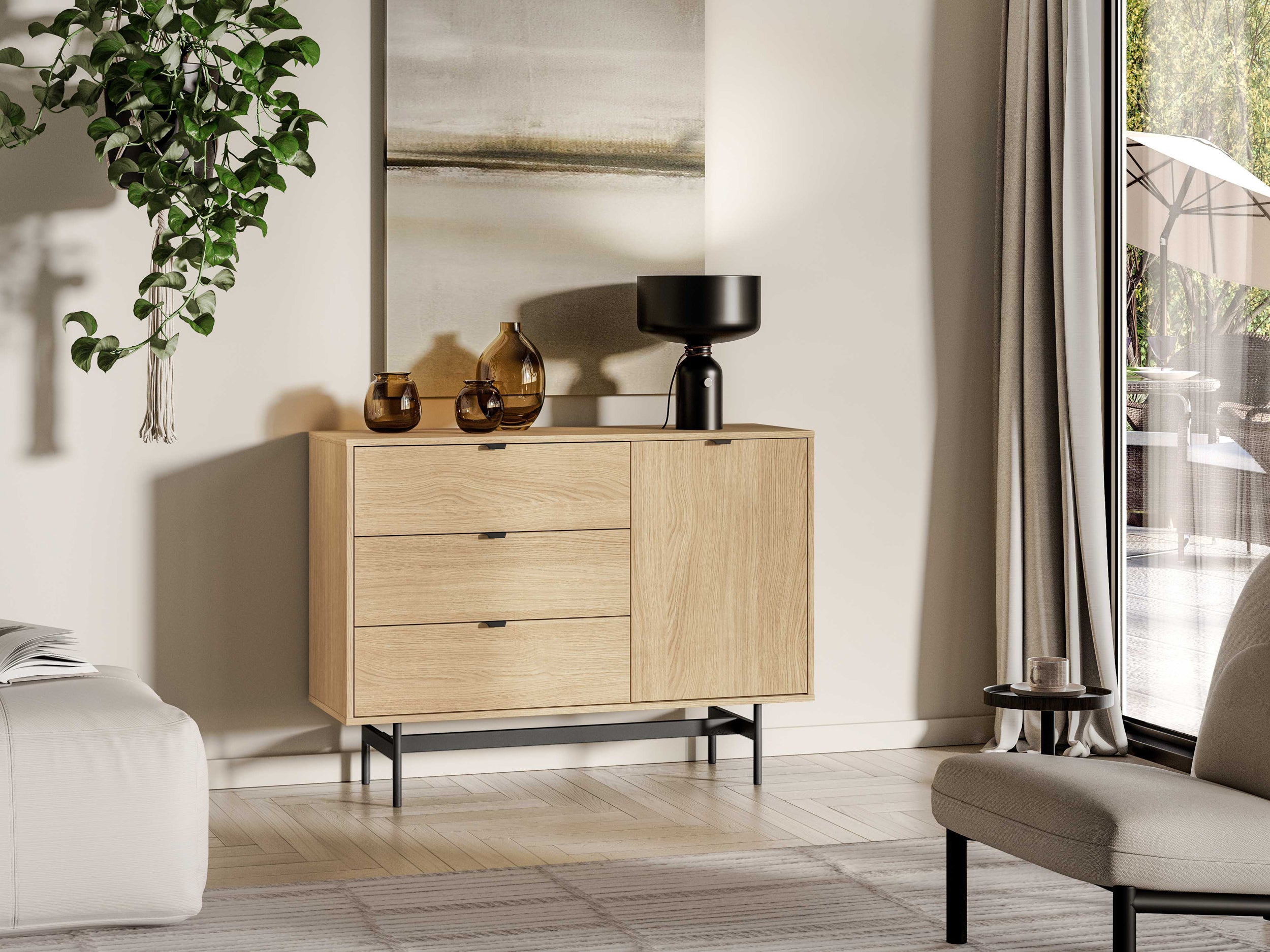Reynos Einzeltür-Kommode mit drei Schubladen, 92 cm, Eiche Mavelie